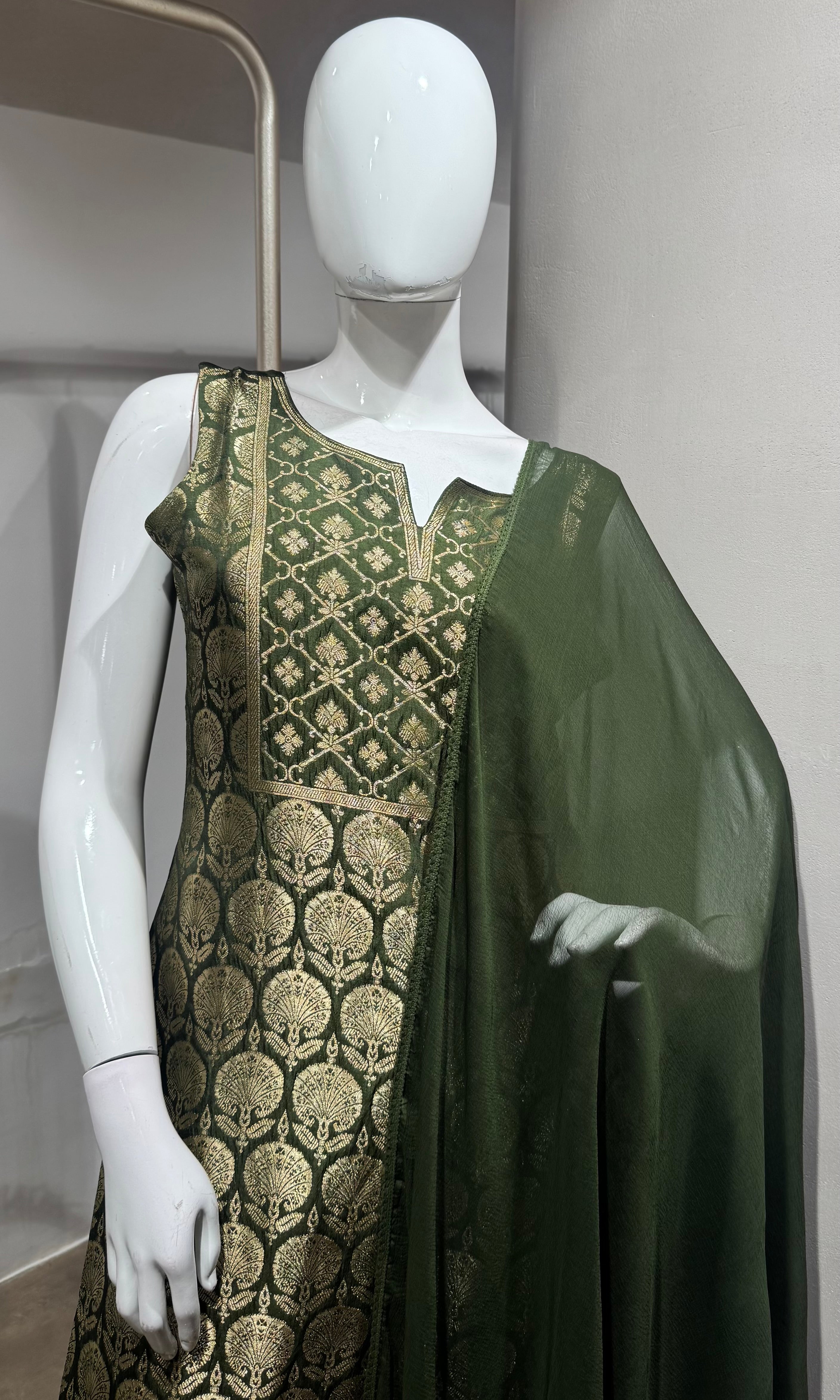 Green golden banarasi kurta set