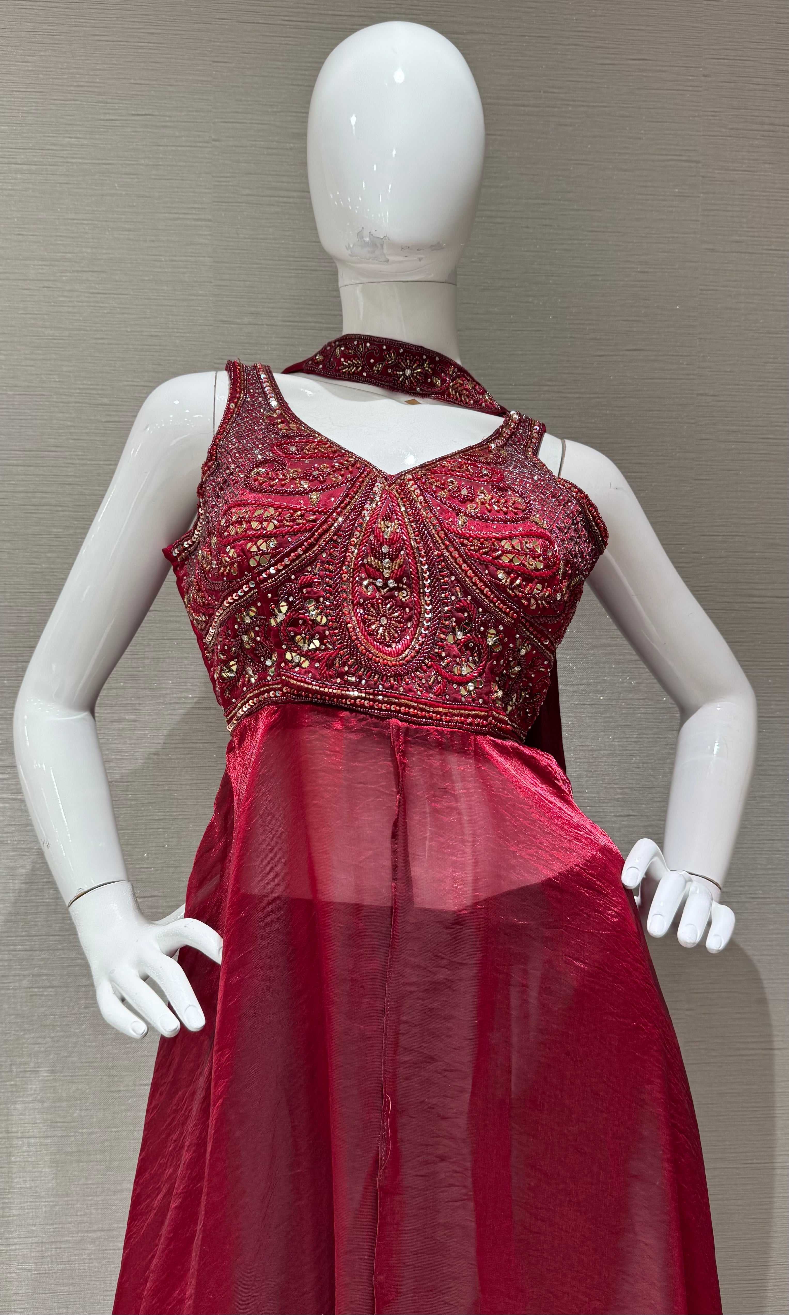 Maroon front slit anarkali with palazzo pants