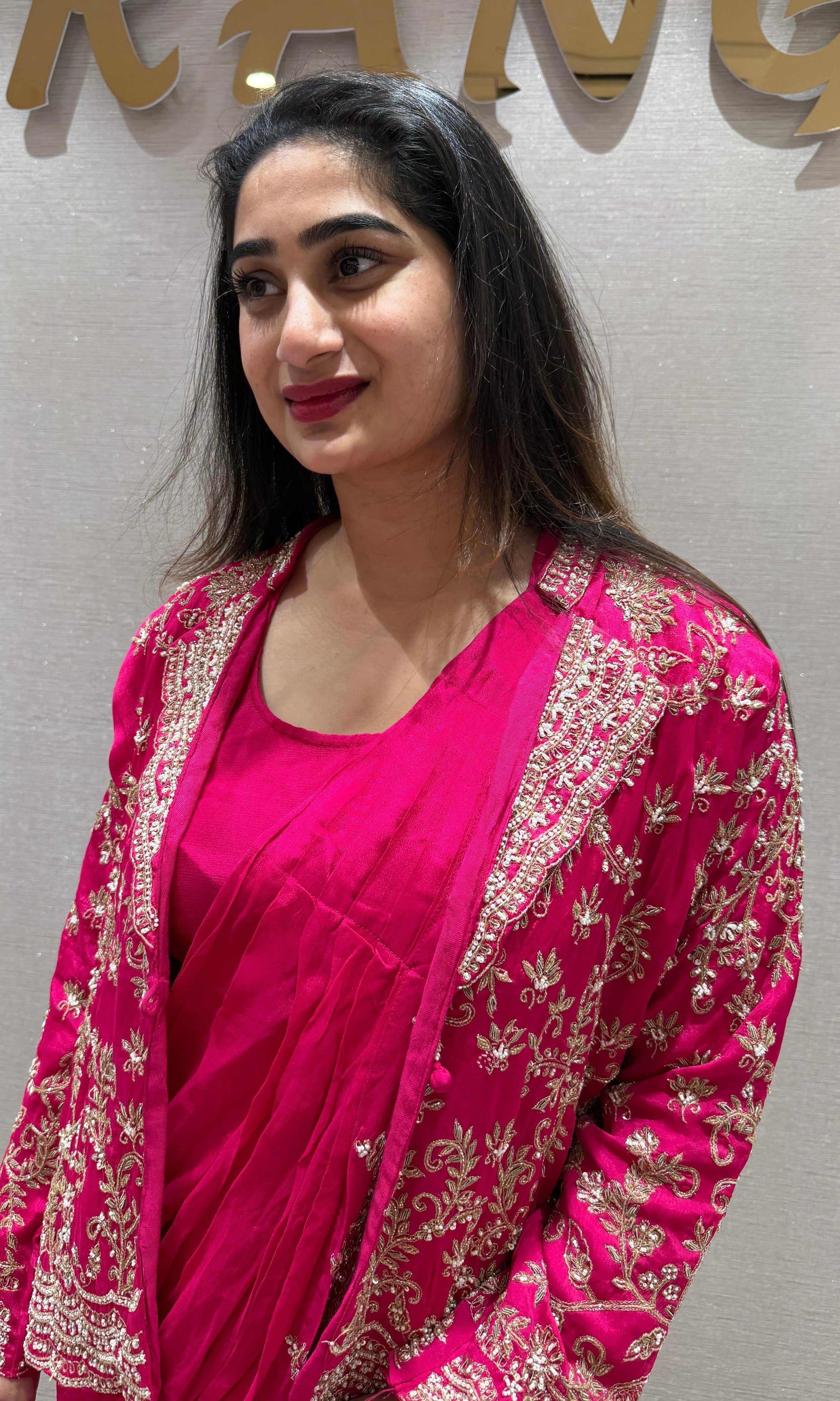 Pink Draped Saree with Embroidered Jacket