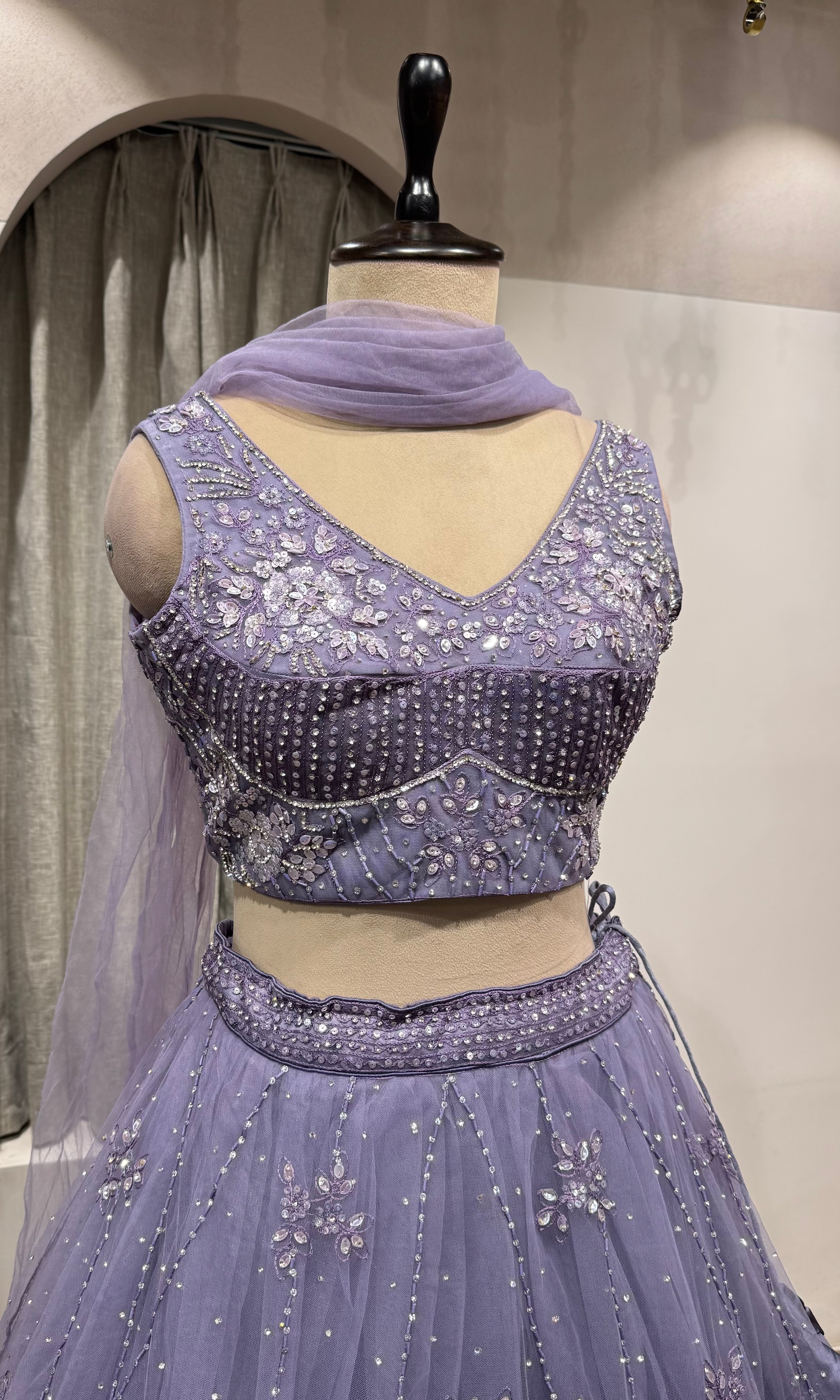PURPLE FLORAL EMBROIDERED NETTED CROP TOP LEHENGA
