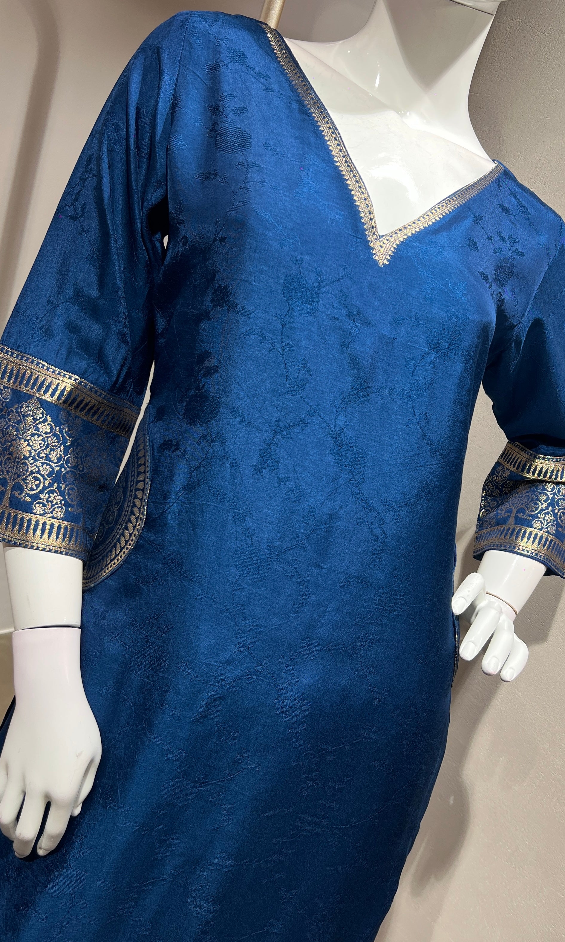 Peacock Blue Silk Straight Kurta Set with Gold Border