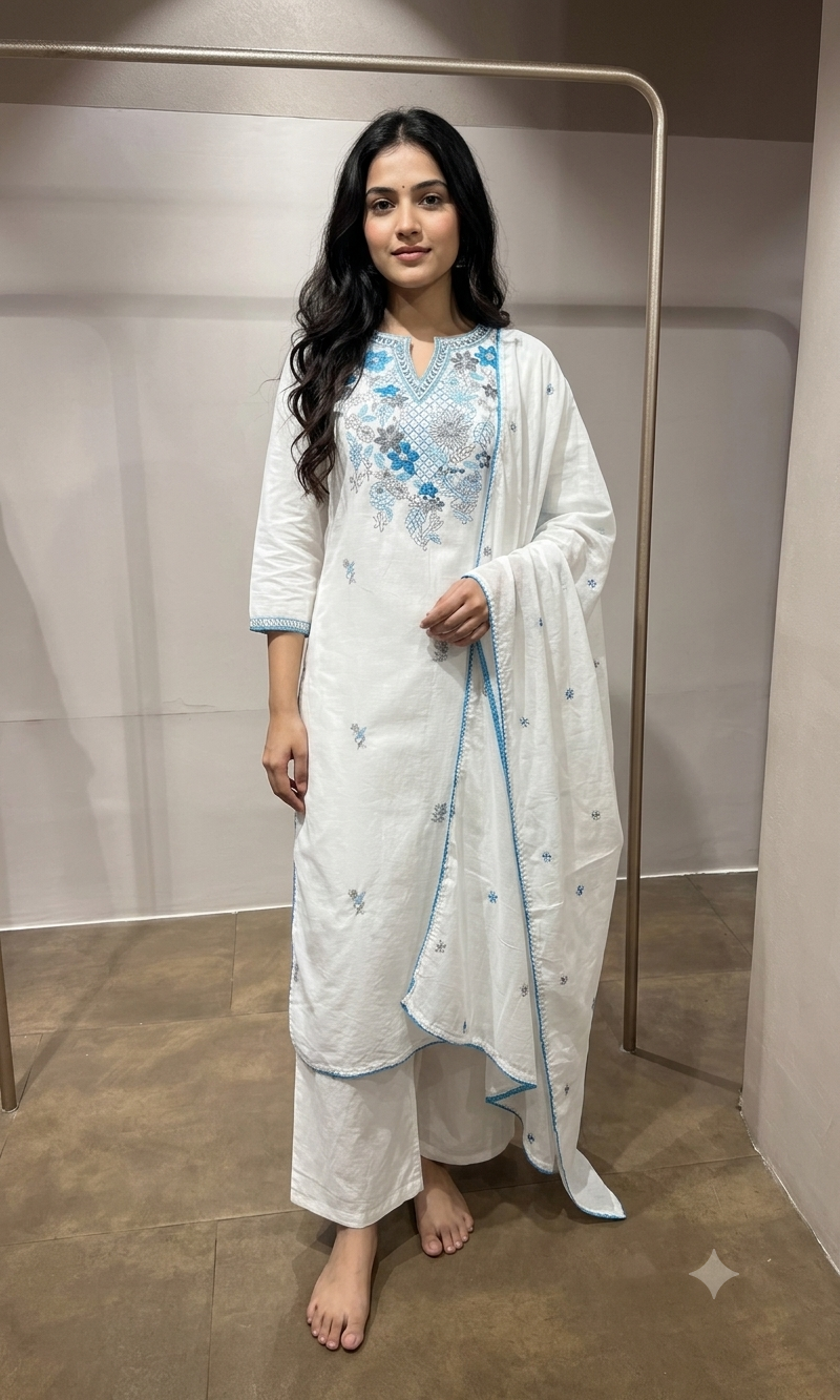 white kurta set features blue floral embroidery