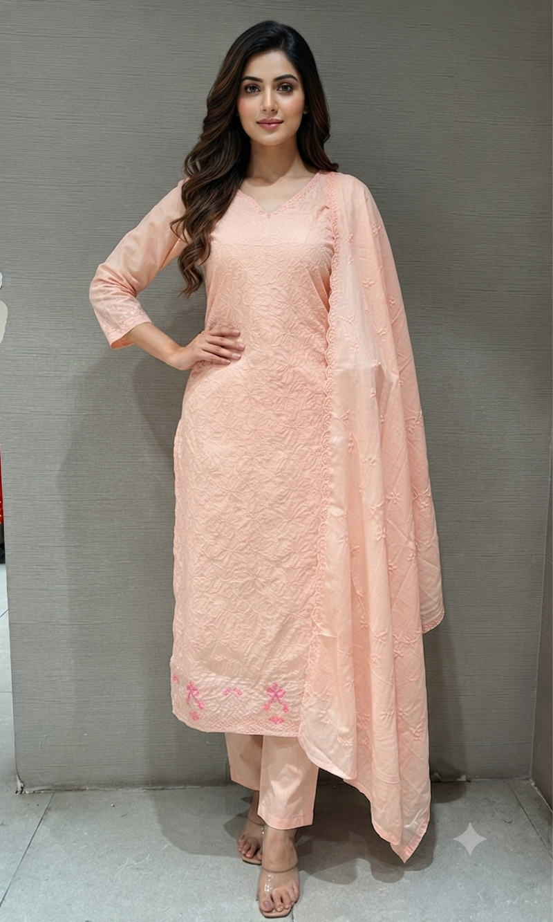 Peach Floral Kurta Set with Matching Dupatta