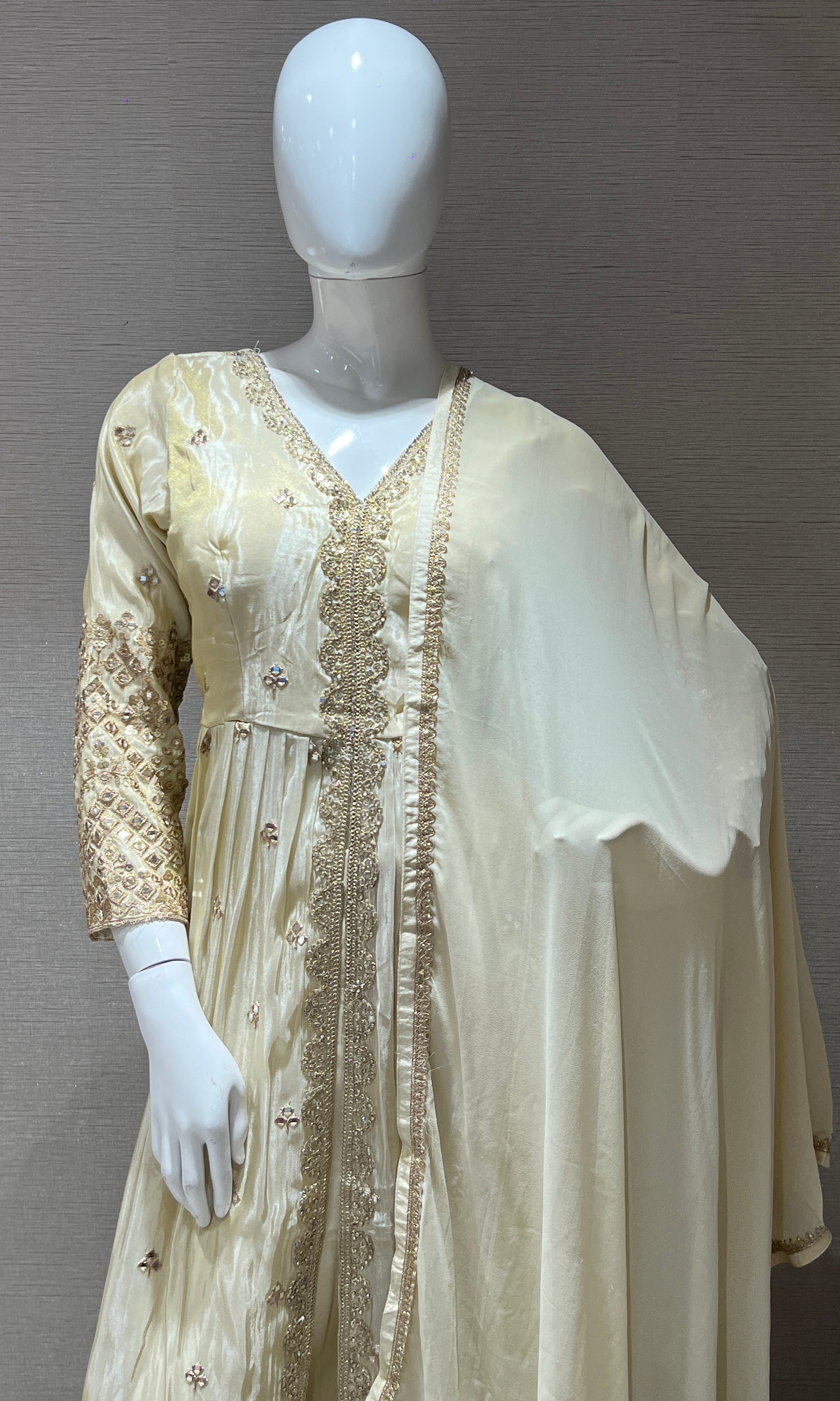 Cream front slit Anarkali kurta set with palazzo
