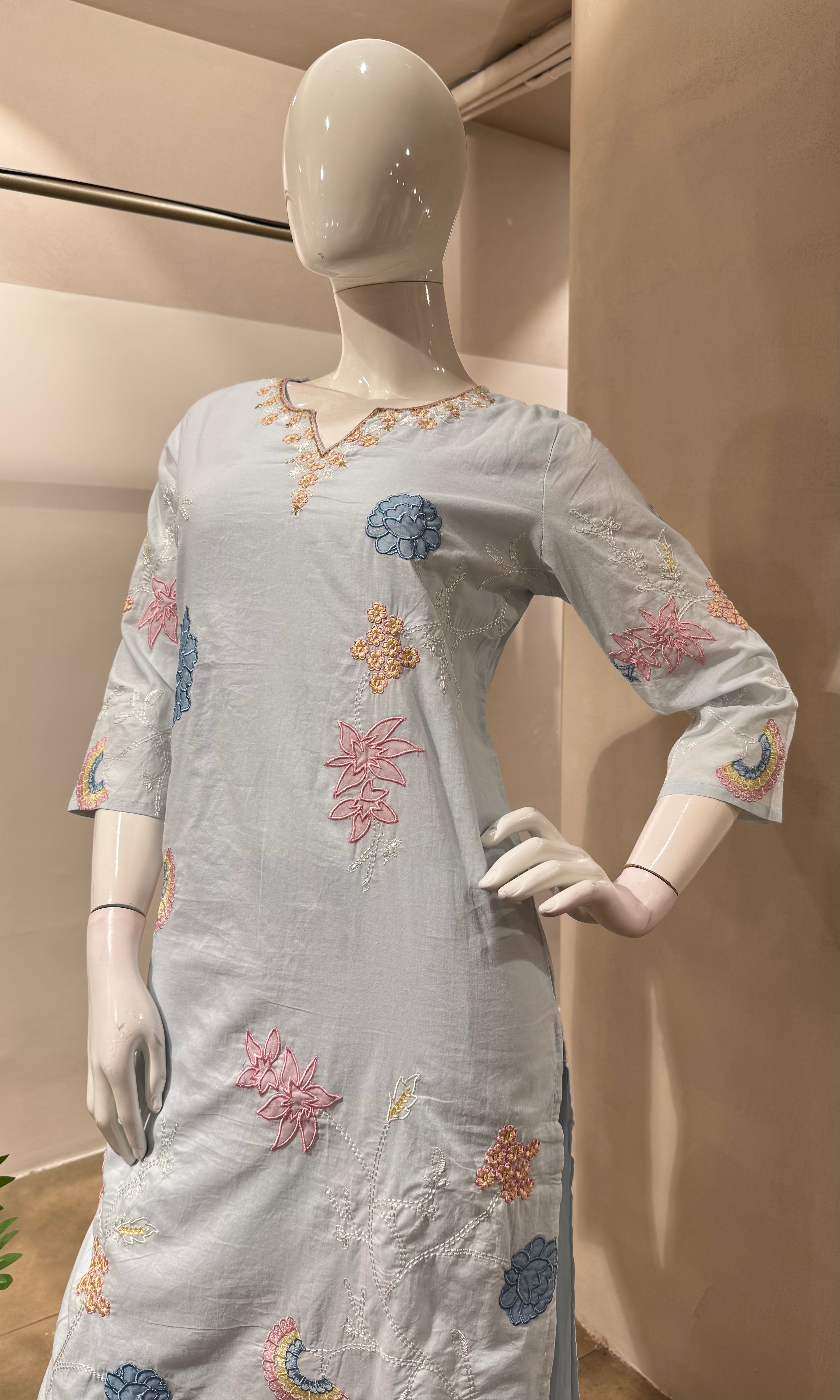 BLUE FLORAL MOTIFS COTTON KURTA SET