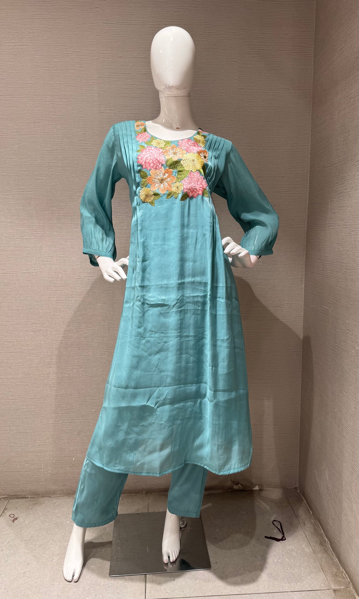Blue Floral Embroidered Mul Chanderi A Line kurta Set with dupatta
