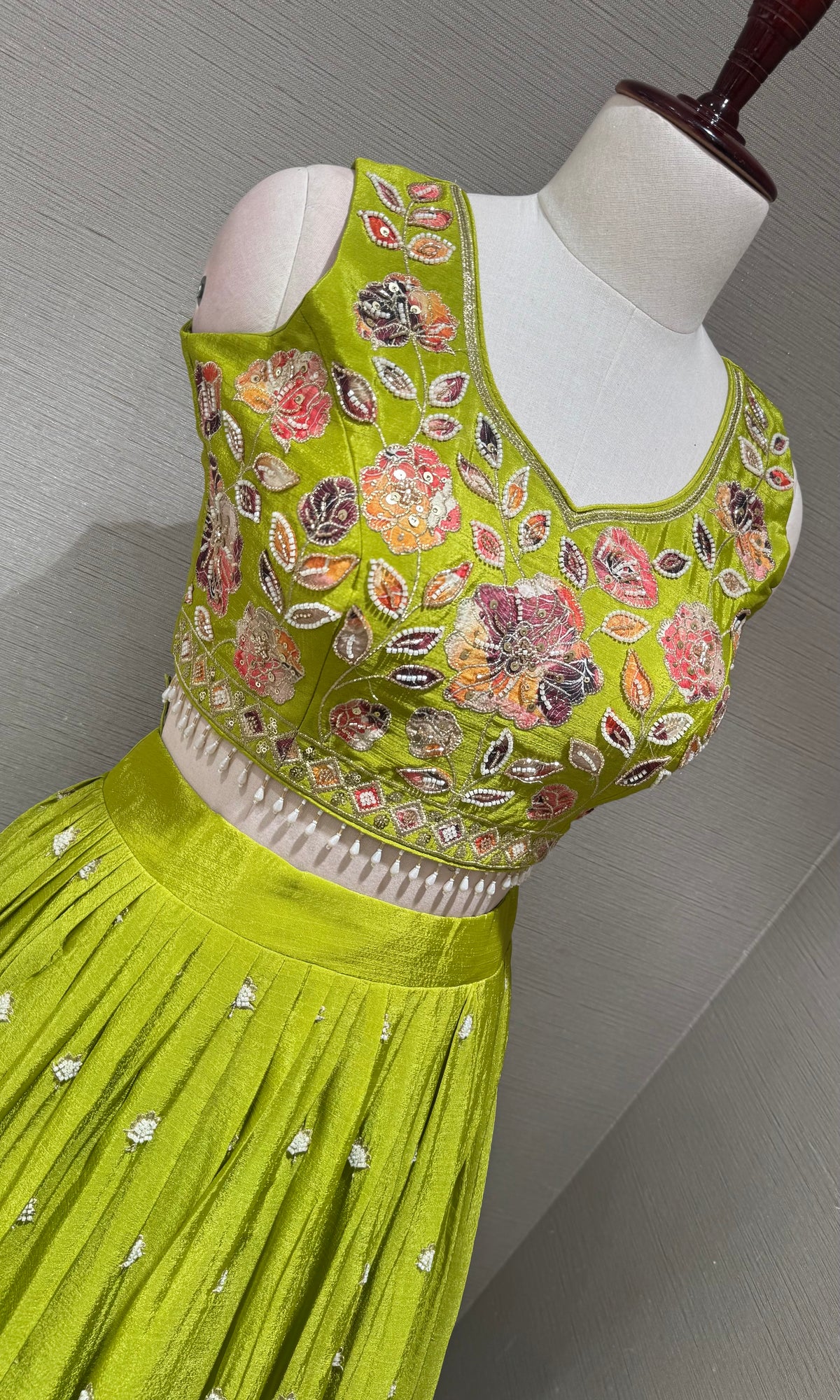 Green Tissue silk Multi Floral Crop Top Lehenga set