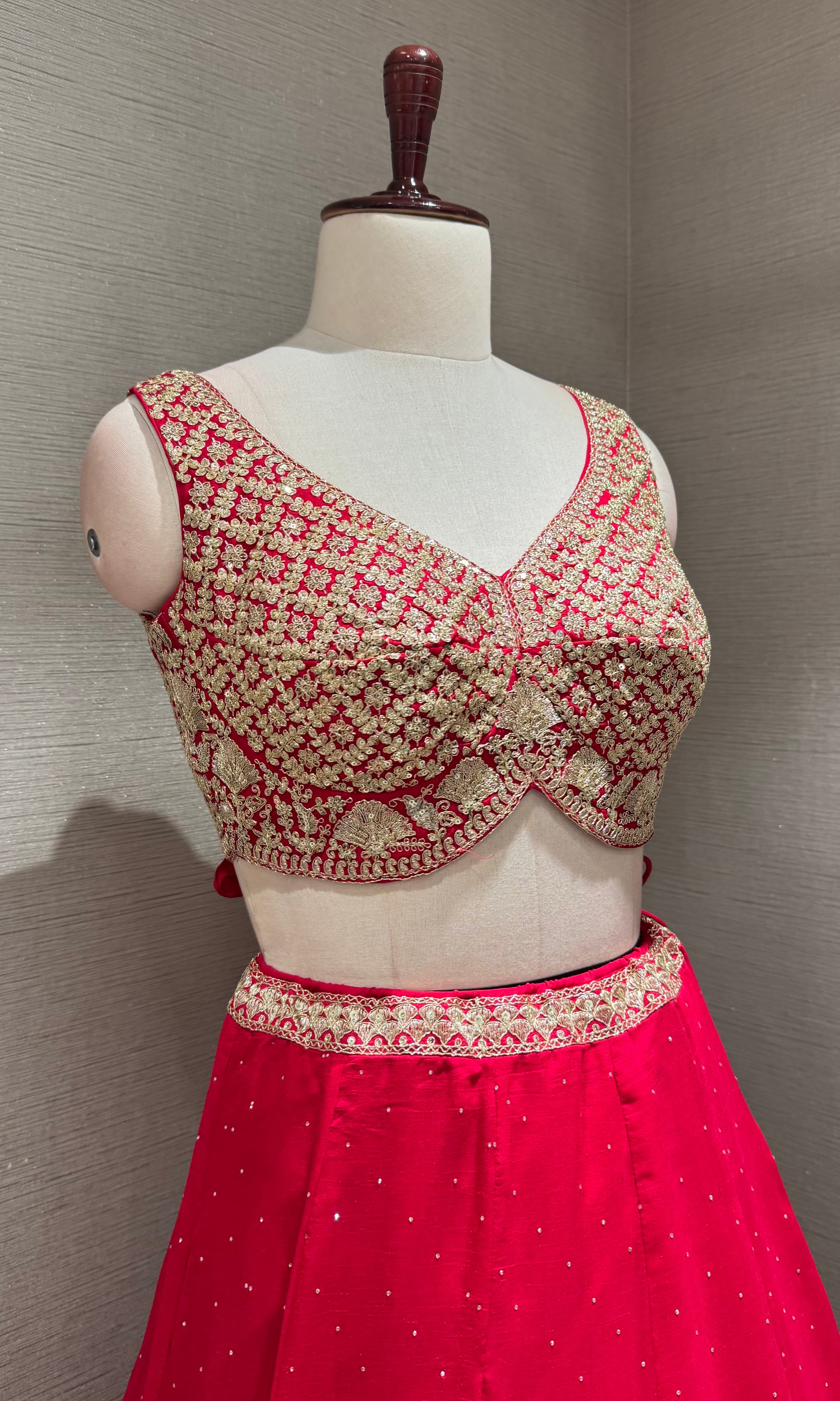 Bright Rani Lehenga Choli with Gold Embroidery