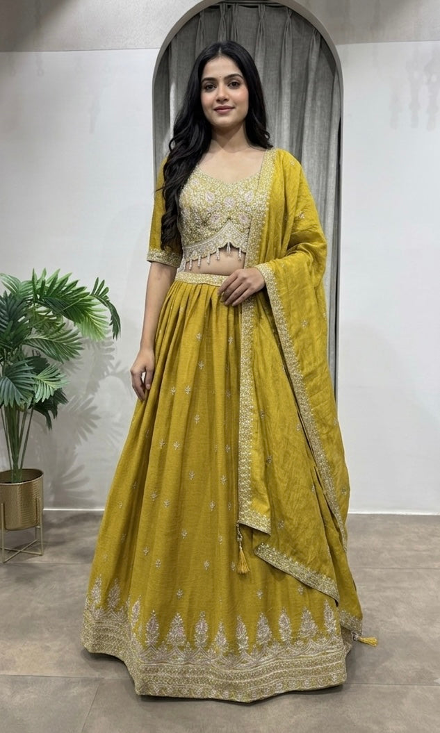 Mustard Flared Lehenga Choli with Border Embroidery