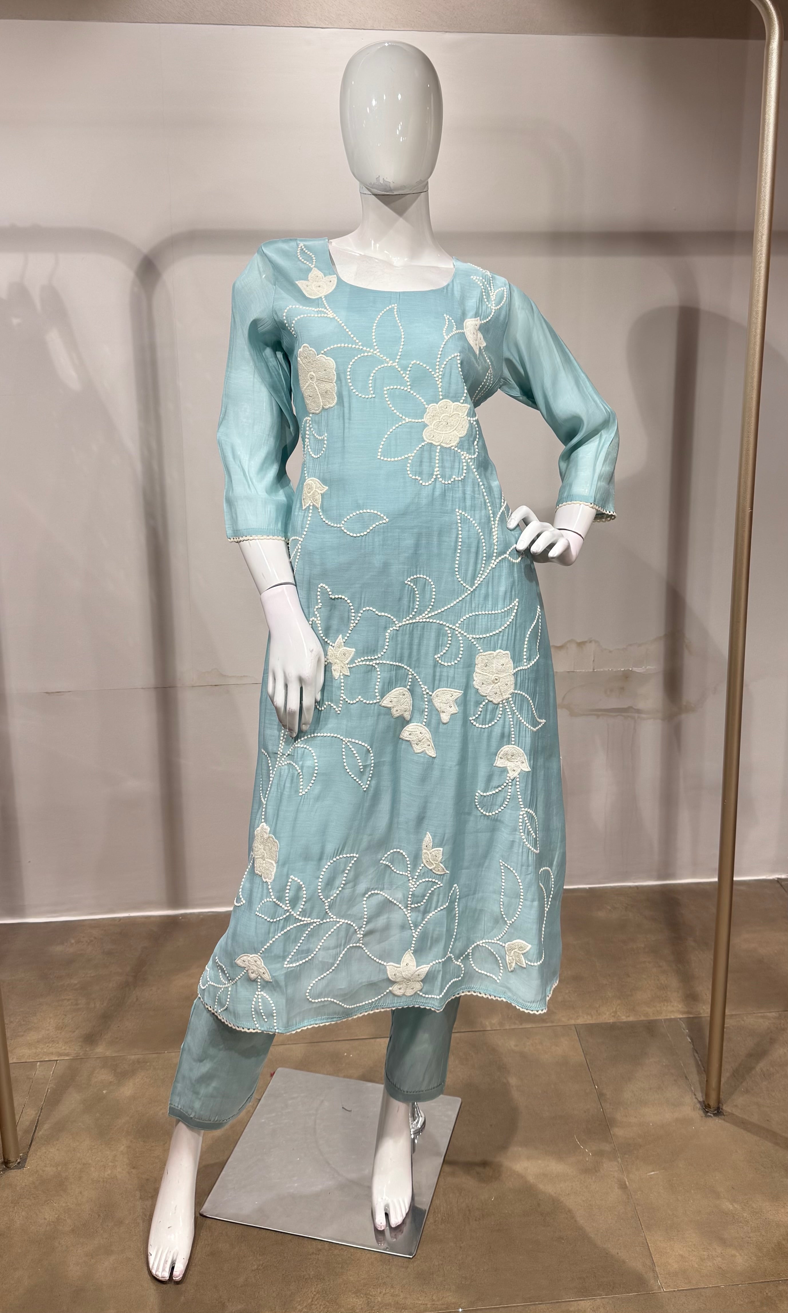 Sky Blue Embroidered Straight Kurta with Dupatta