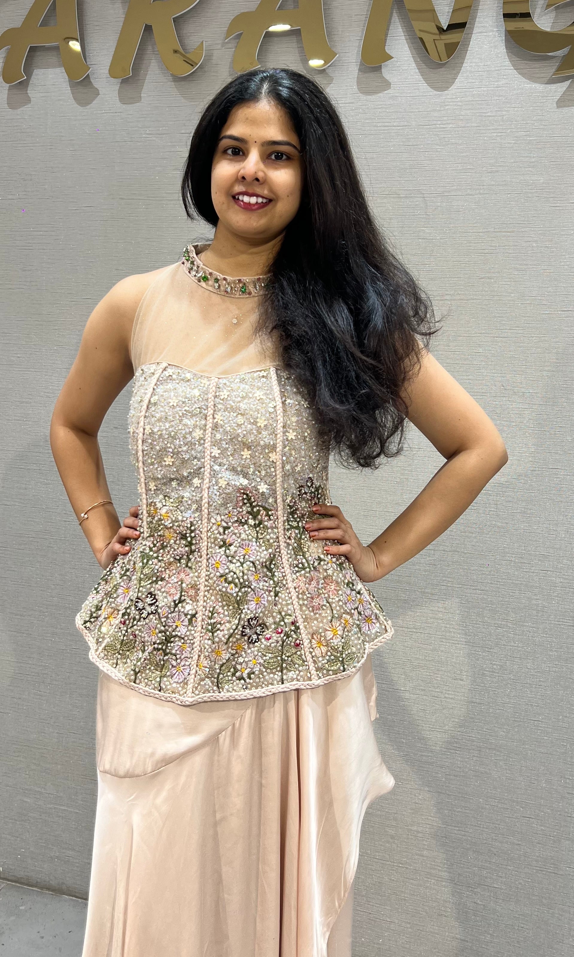 Fawn Embellished Halter Peplum Satin Drape skirt