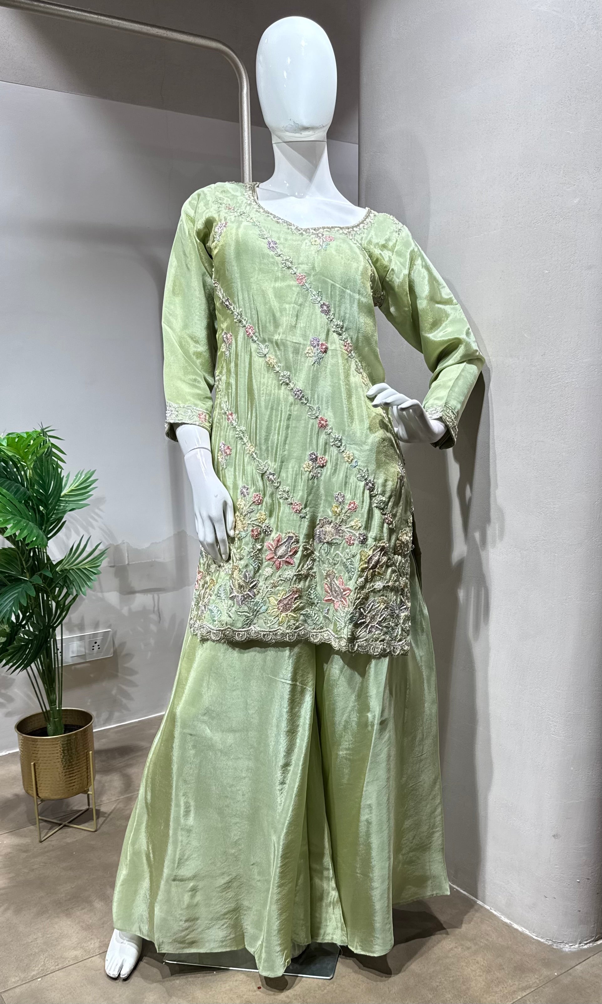 Pista Green Embroidered  Shimmer silk Sharara Set