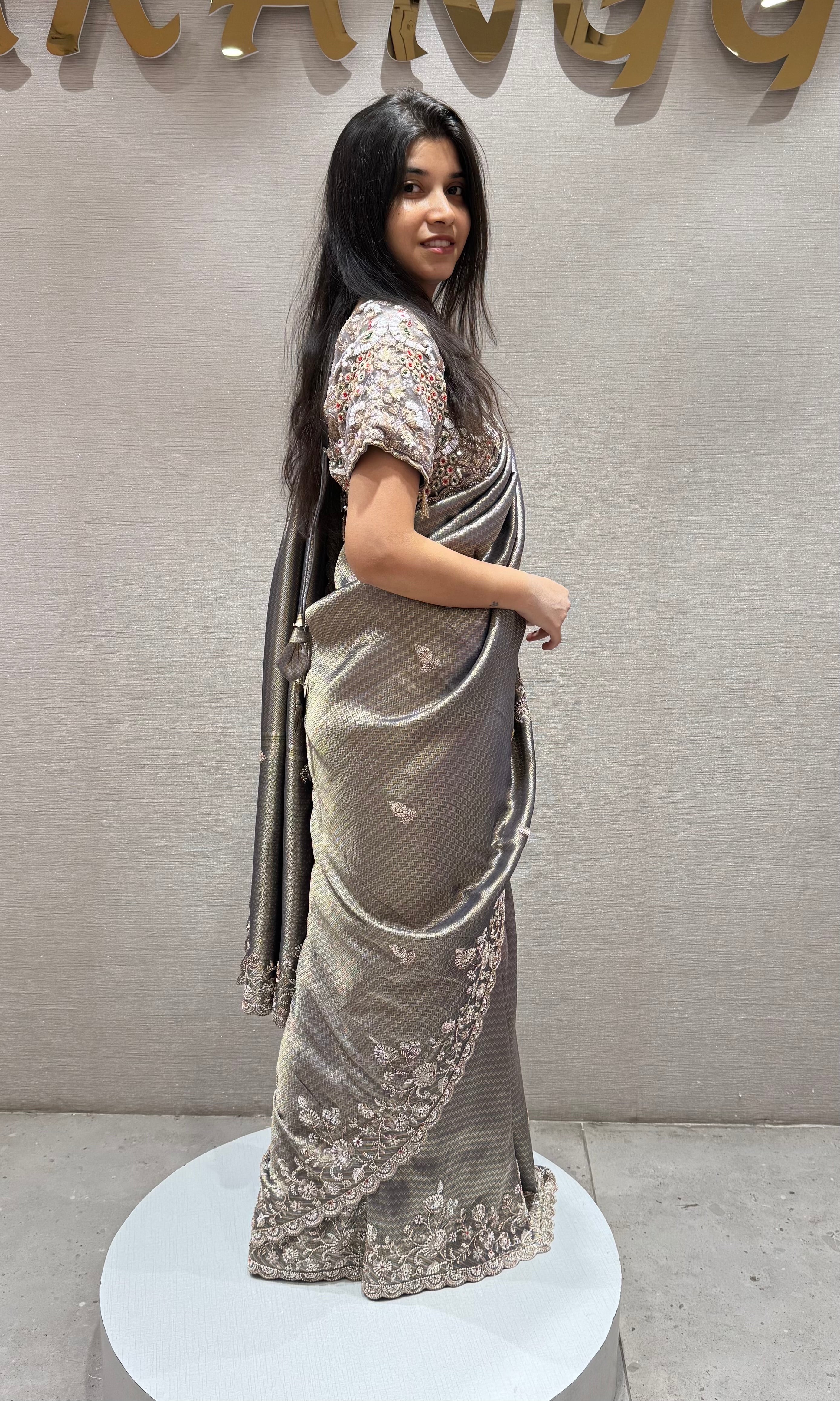 Grey FLORAL saree WITH READY BLOUSE