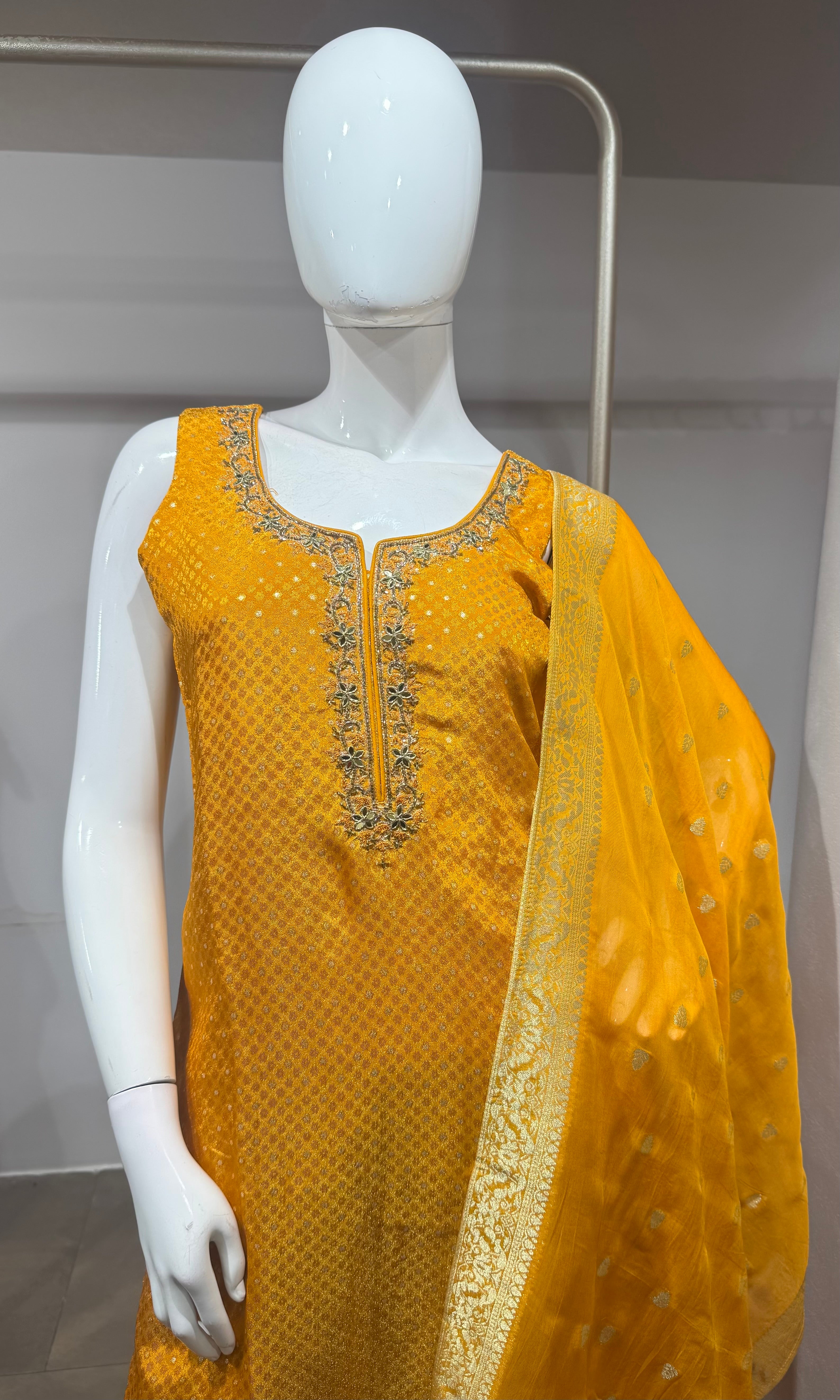 Mustard Yellow Banarasi Embroidered Kurta Set
