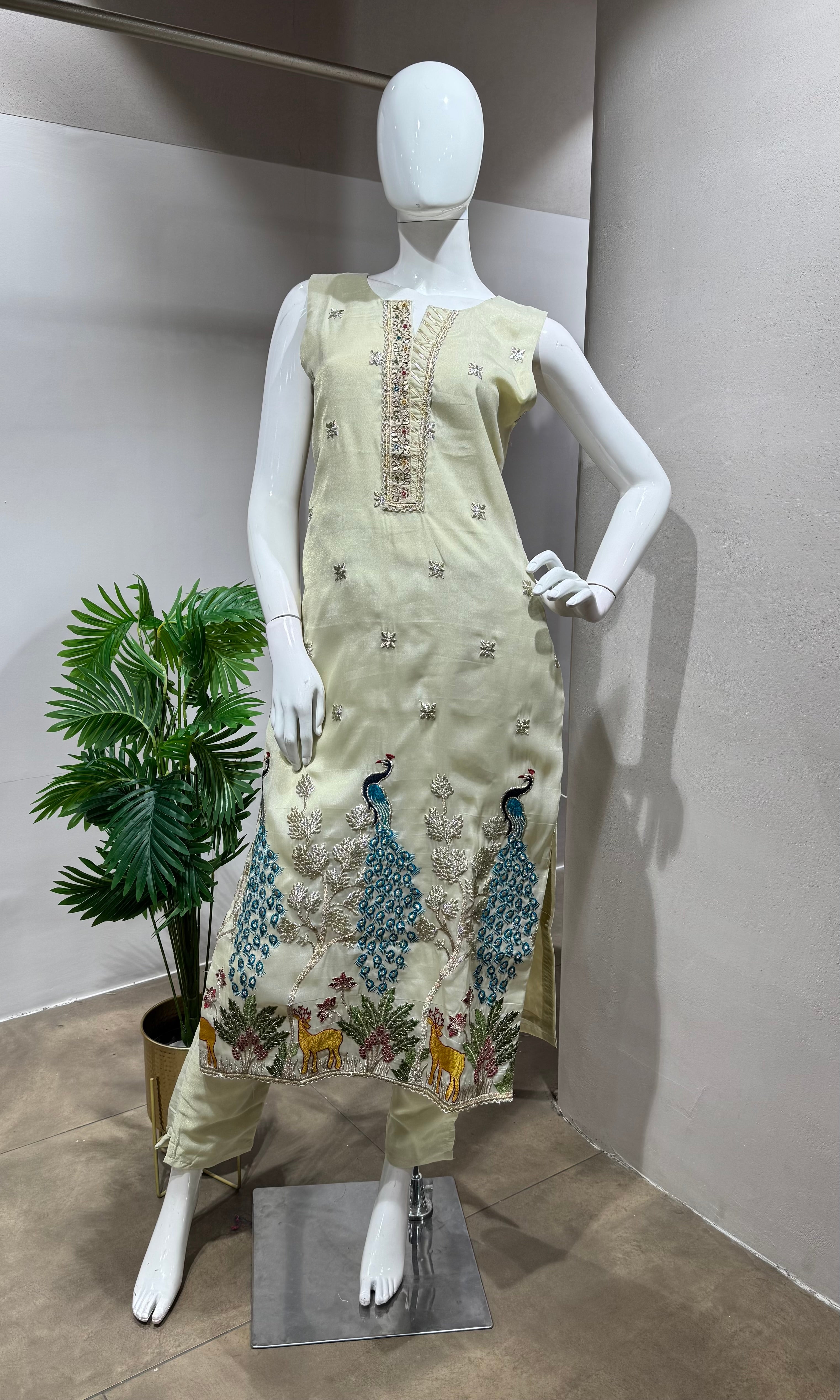 Cream Peacock Sharara Silk Ensemble