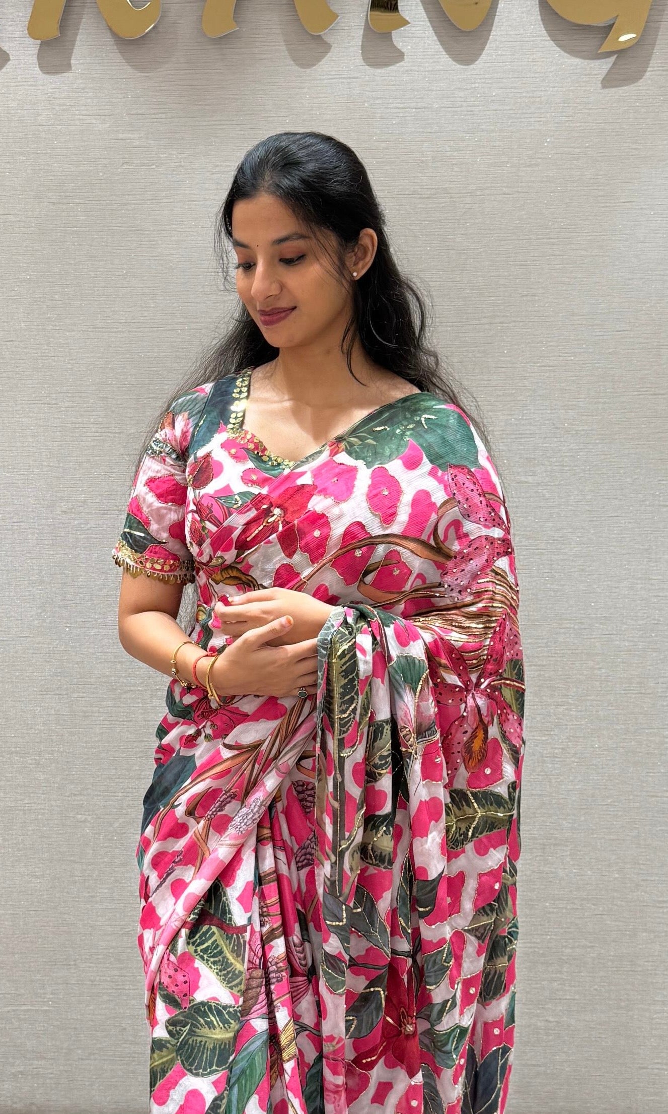Pink saree with ready blouse