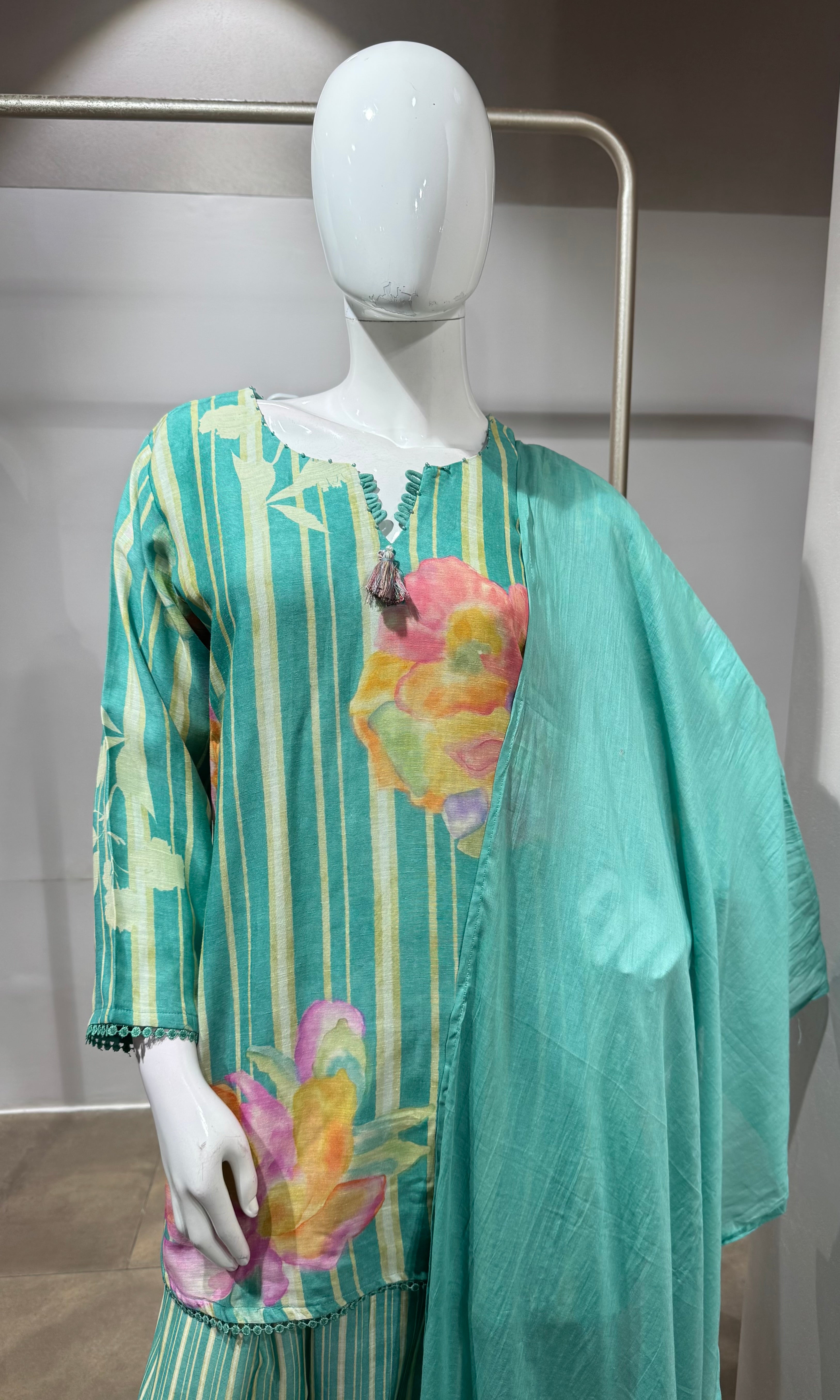 Aqua Green Floral Printed Farsi salwar