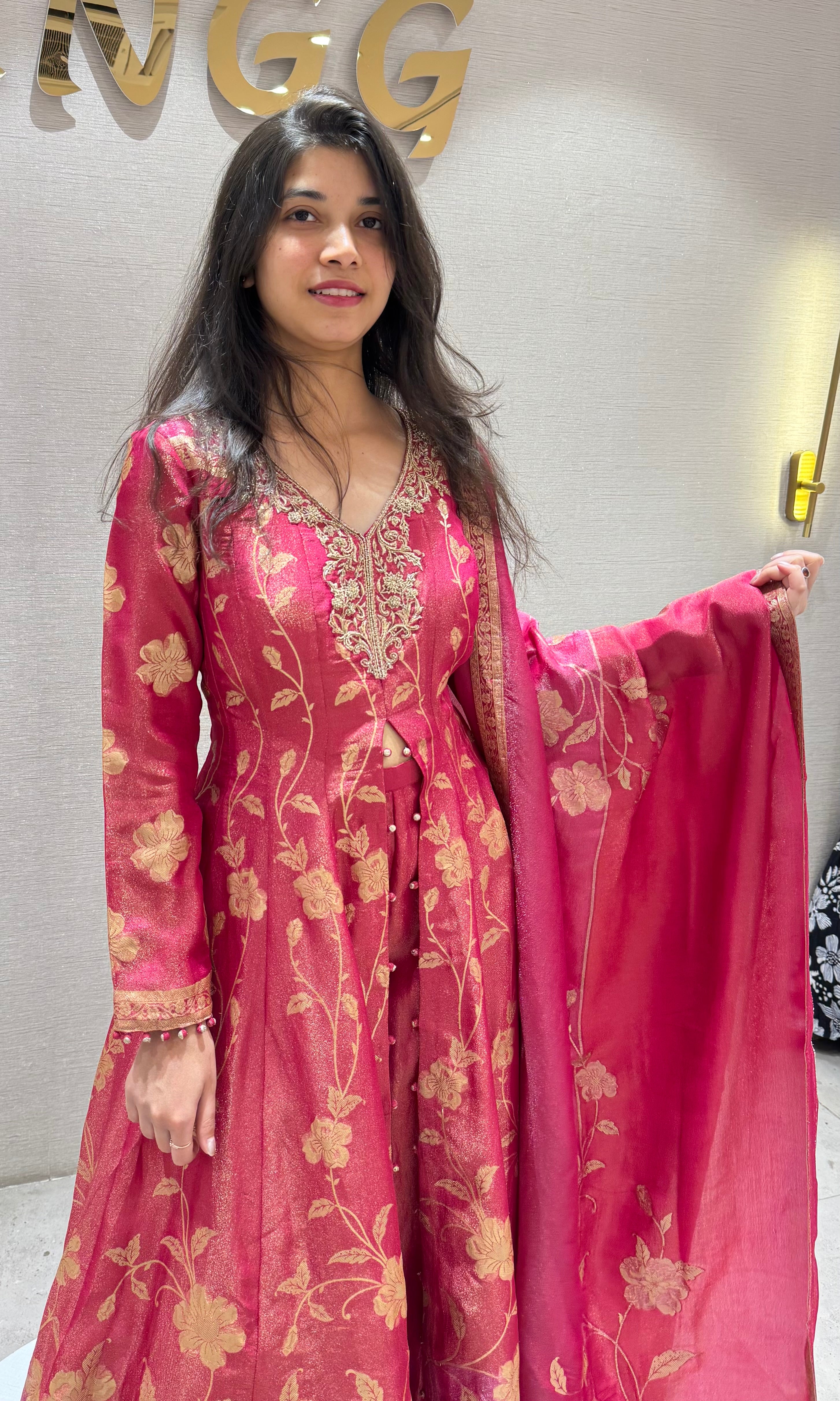 Pink GOLDEN FLORAL EMBROIDERY ANARKALI SET