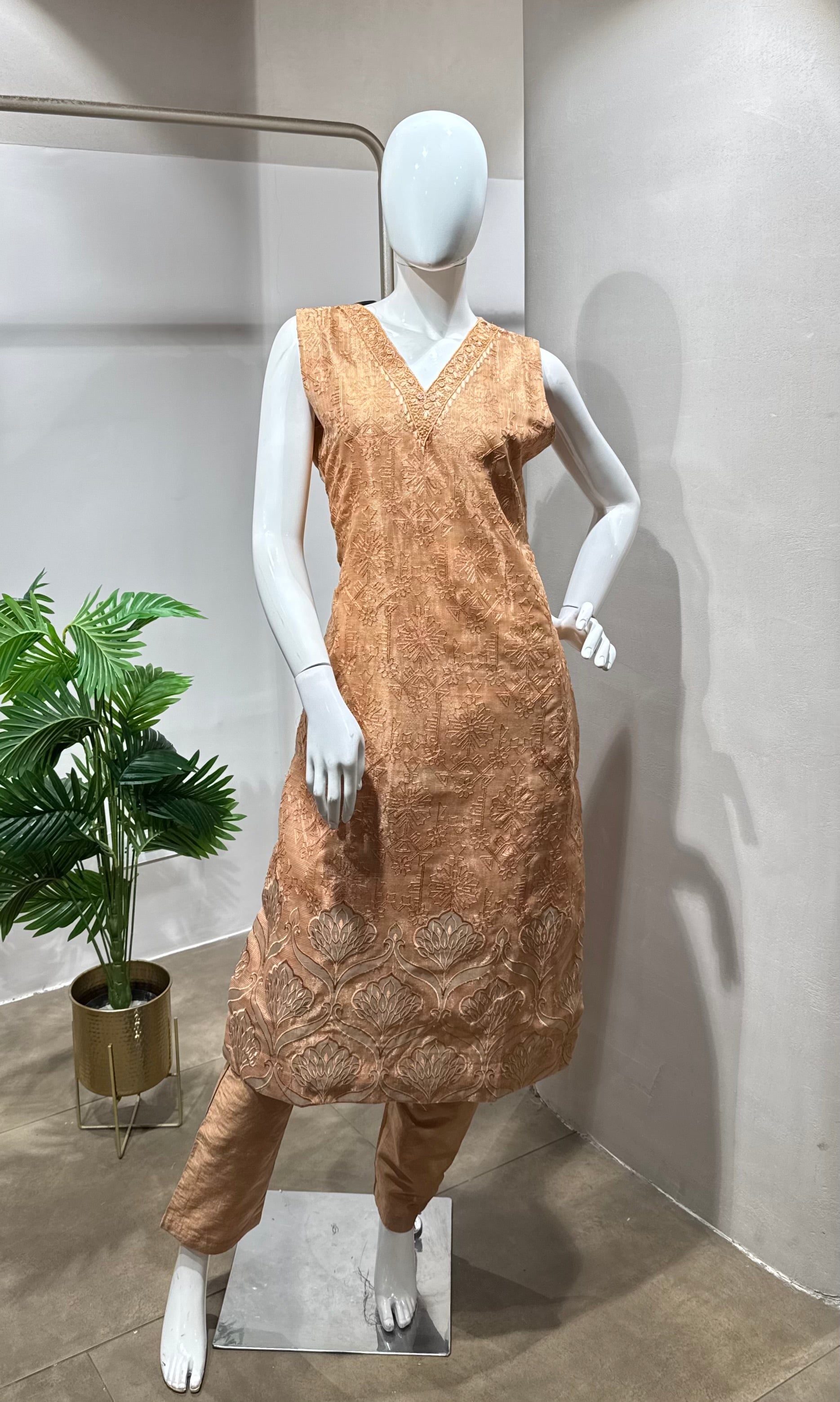light peach tissue printed kurta set