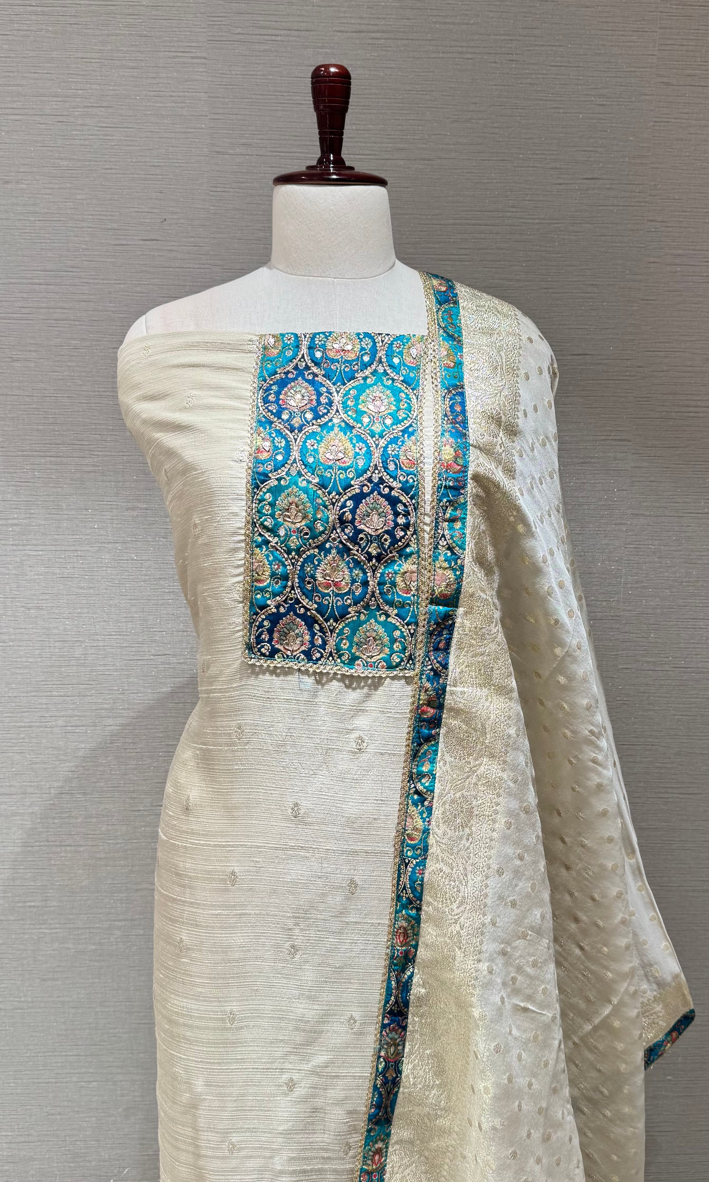 Teal Embroidered Ivory Dress Material