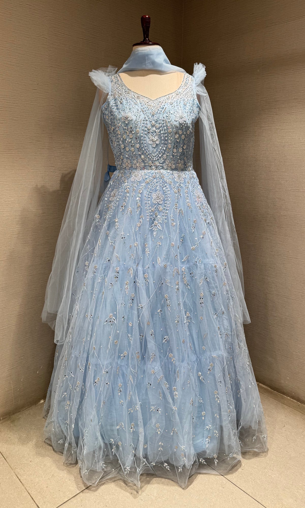 Sea Blue Tulle Ballgown with Floral Embroidery