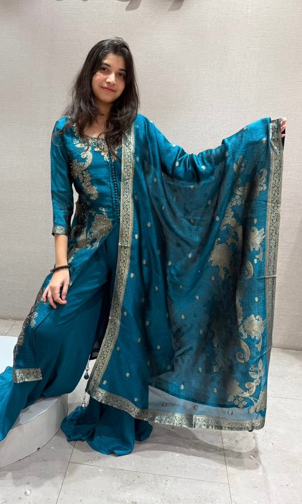 Peacock blue front silt Anarkali