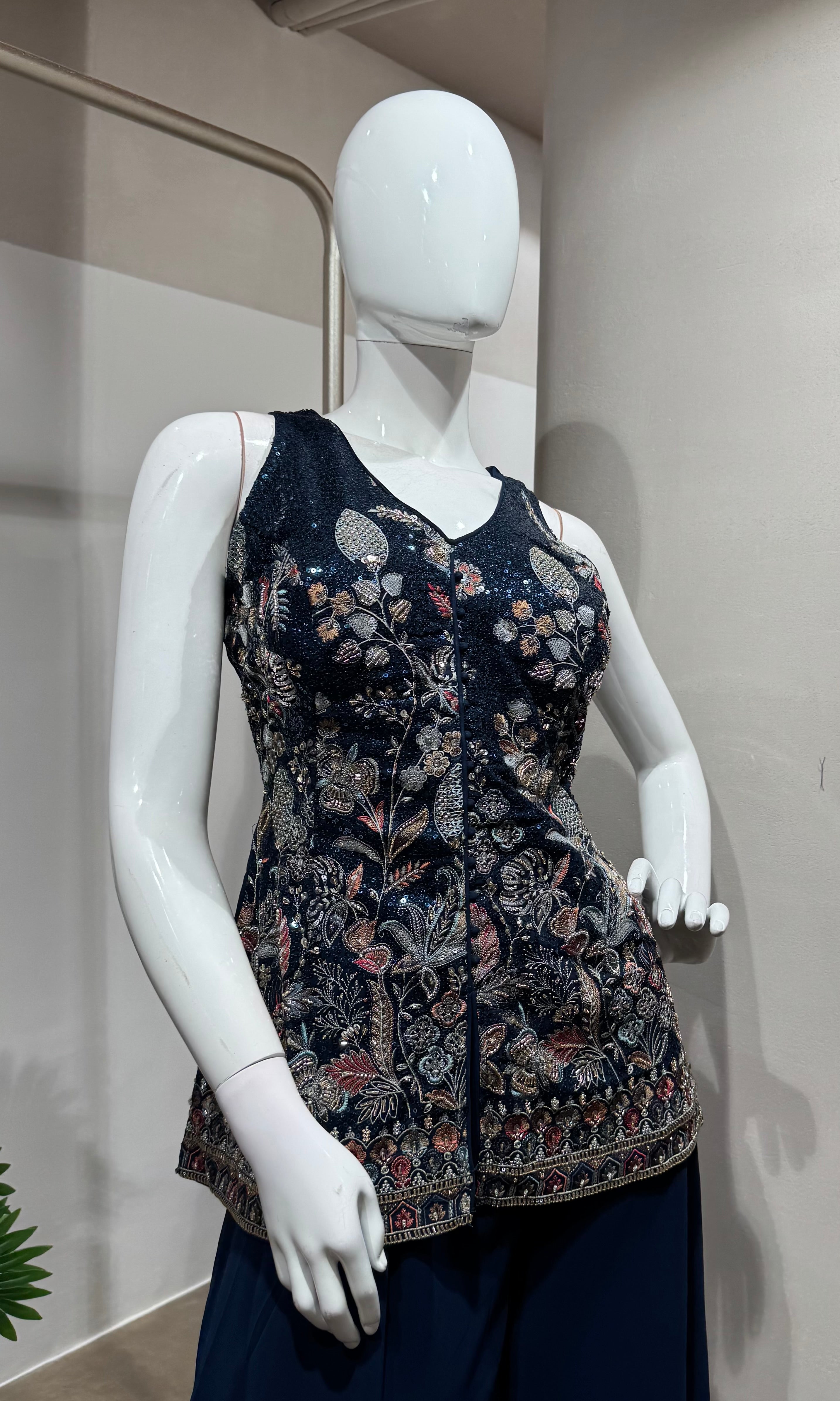 Navy blue georgette sequin palazzo suit
