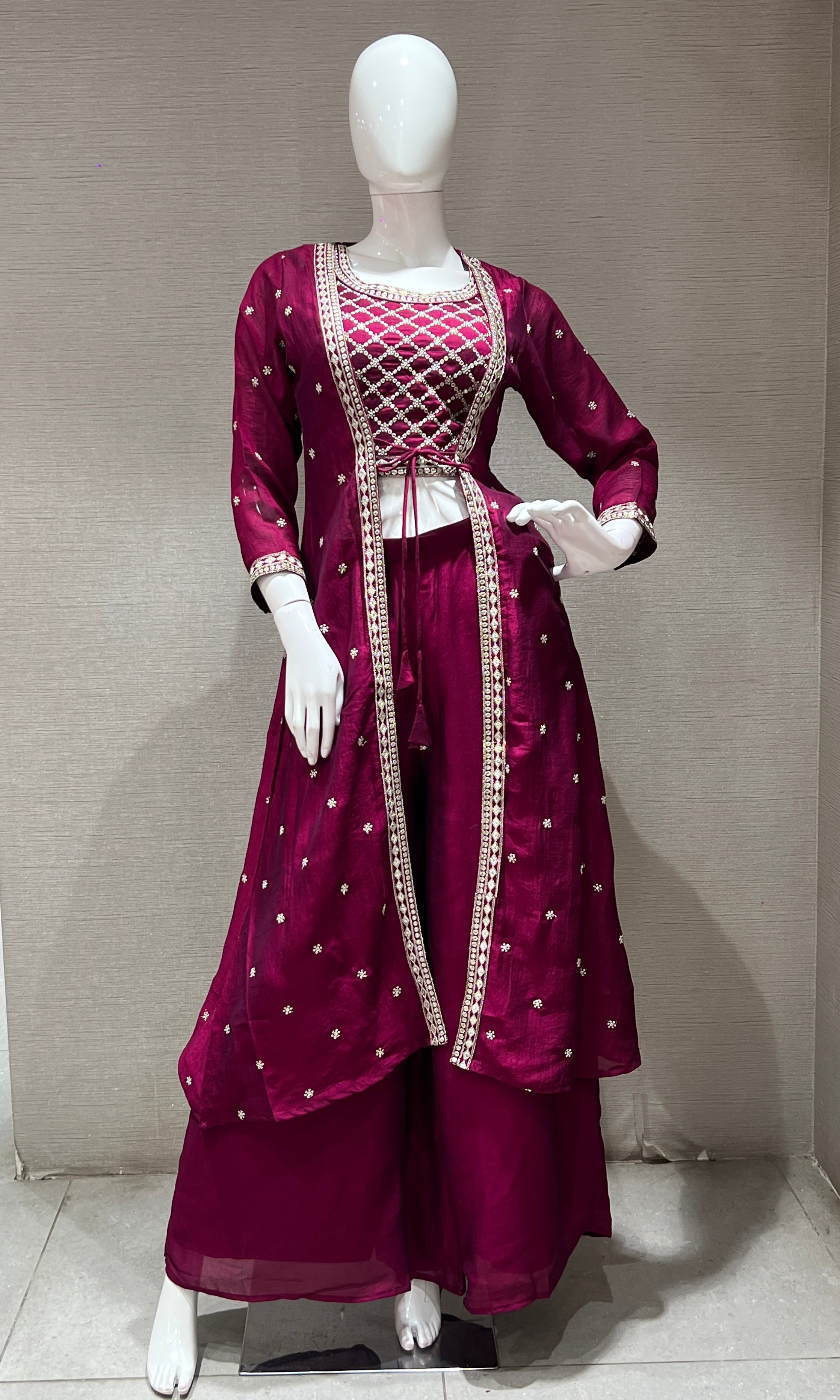 WINE EMBROIDERED JACKET STYLE PALAZZO