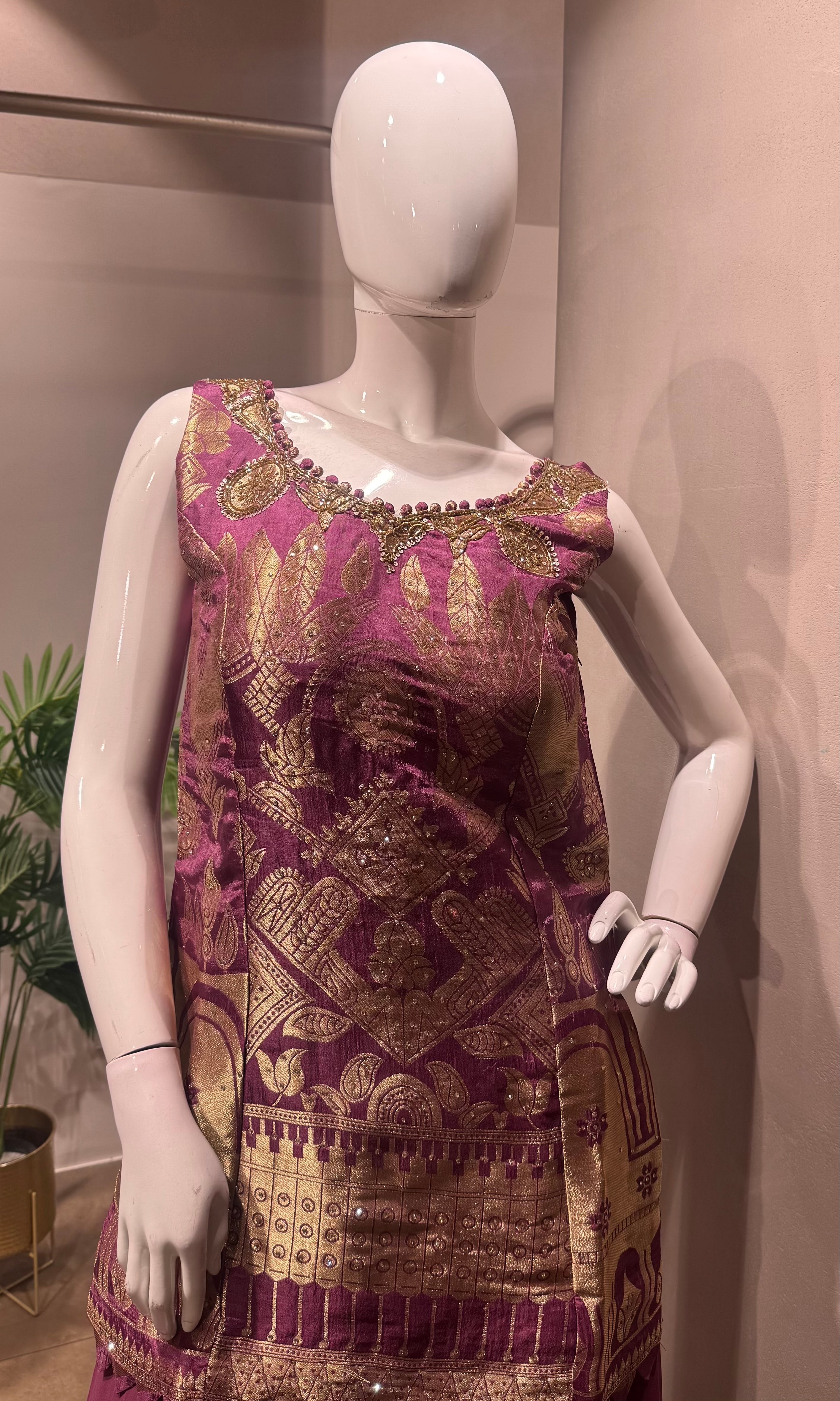 wine golden zari embroidered sharara set
