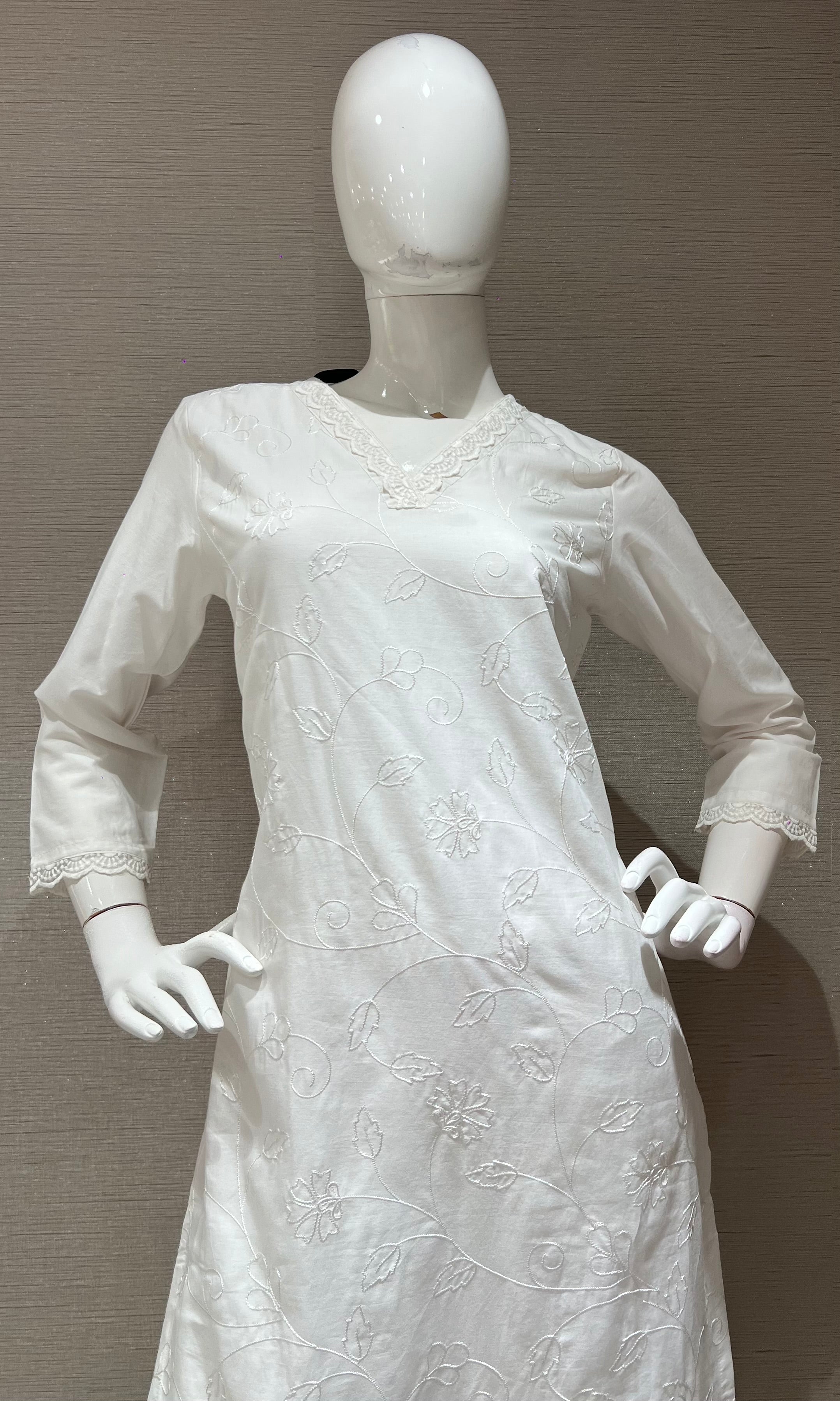 White Cotton Kurta Set with Pink Floral Embroidery