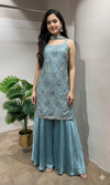 blue floral embroidered tissue sharara set
