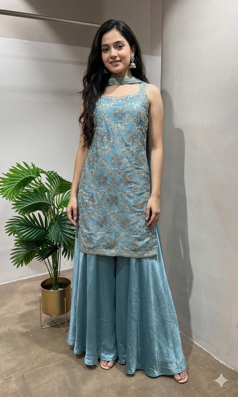 blue floral embroidered tissue sharara set