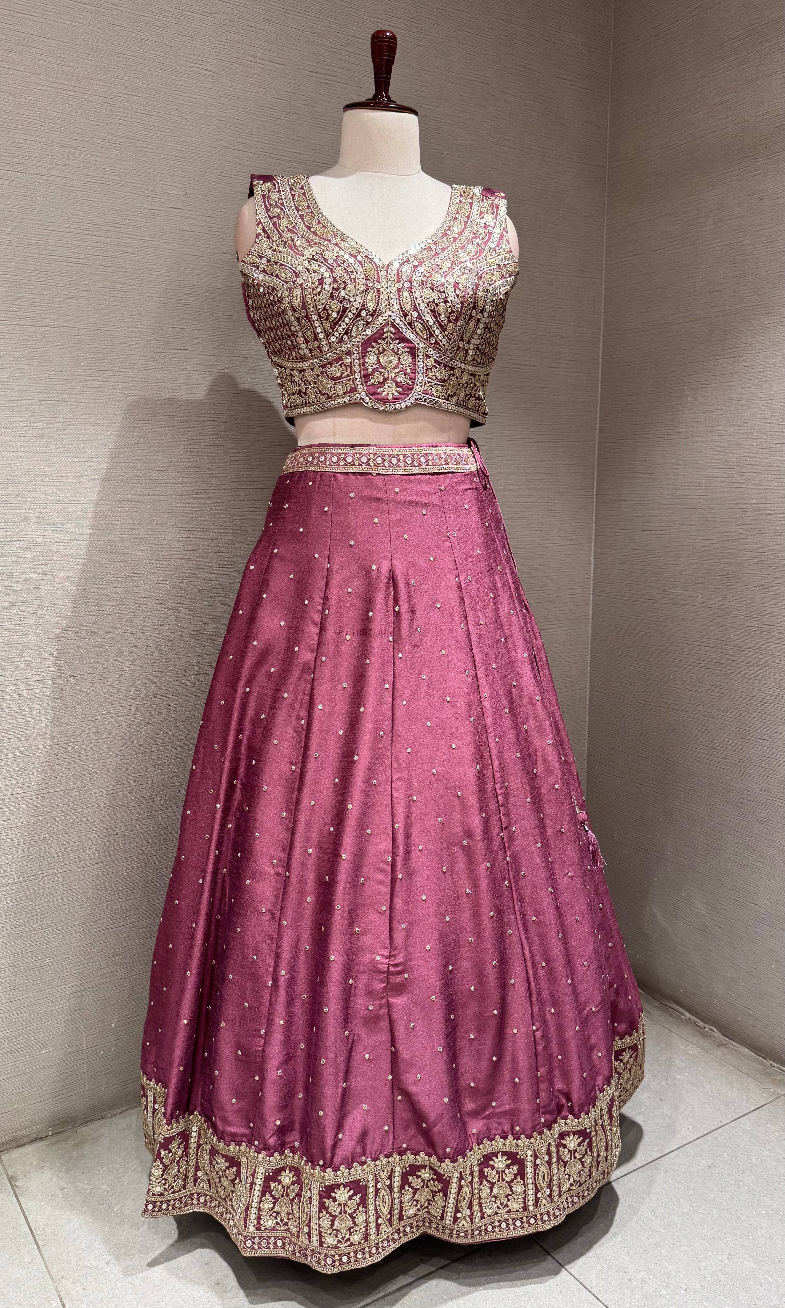 Wine Blossom Embroidered Crop Top Lehenga