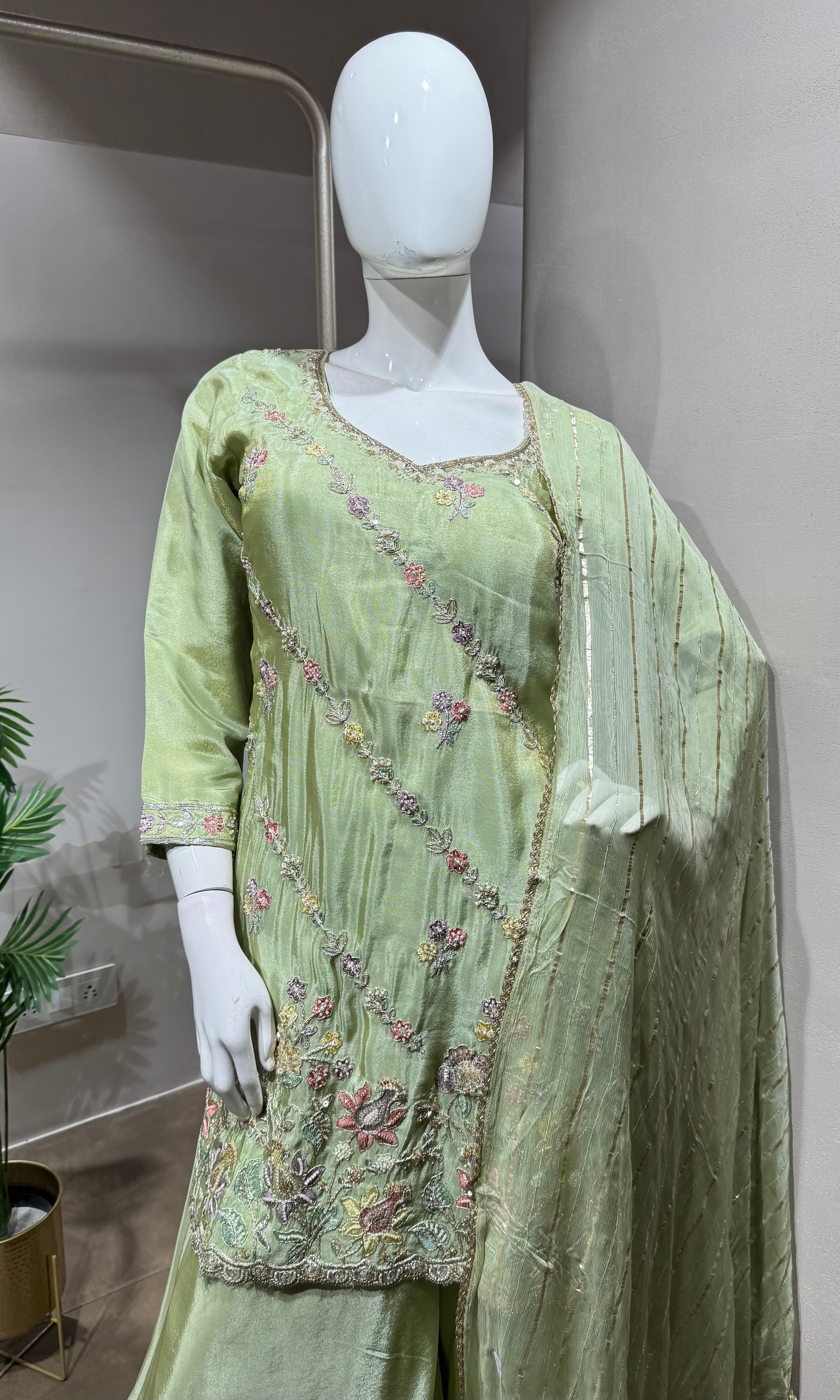 Pista Green Embroidered  Shimmer silk Sharara Set