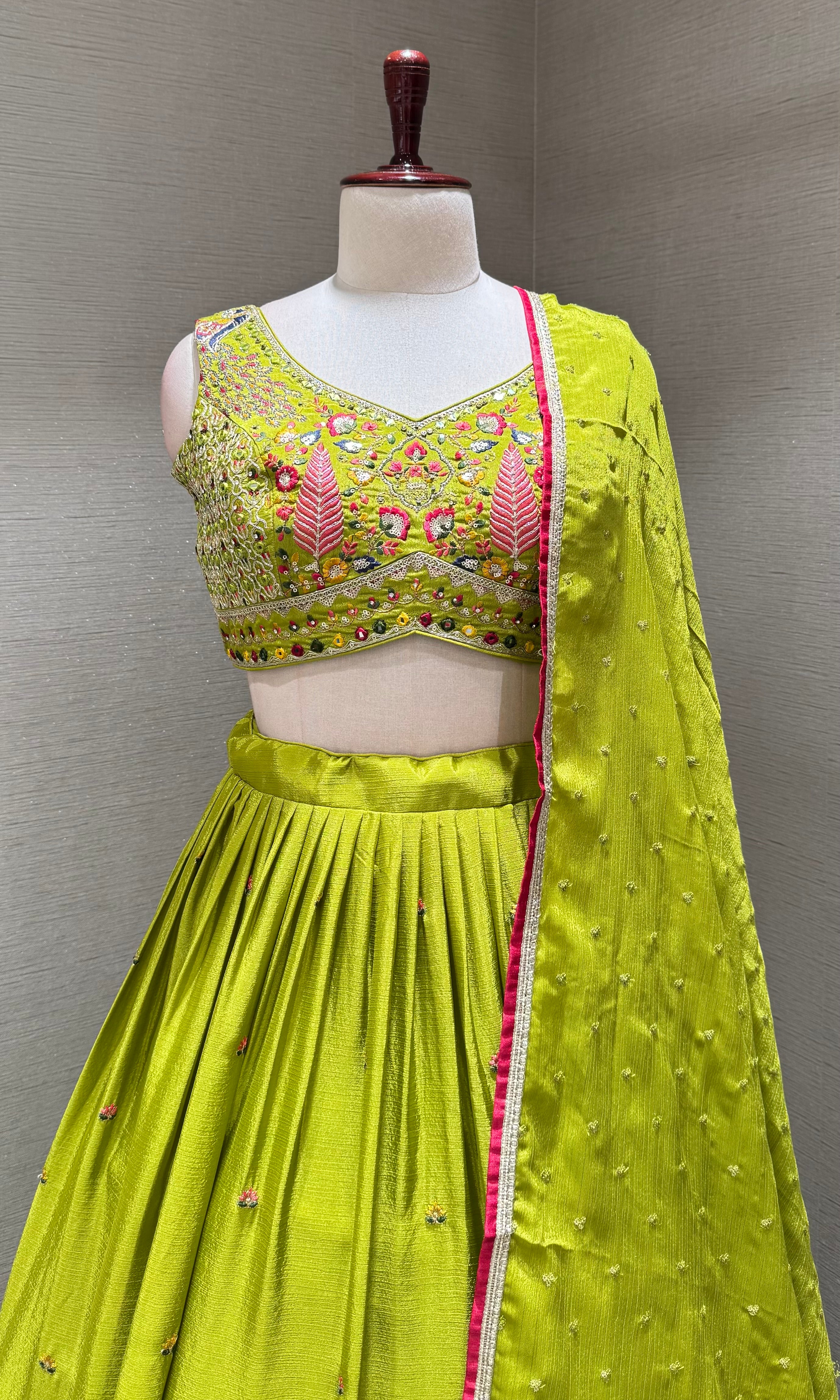 Lime Green Lehenga Choli Set with Pink Accents