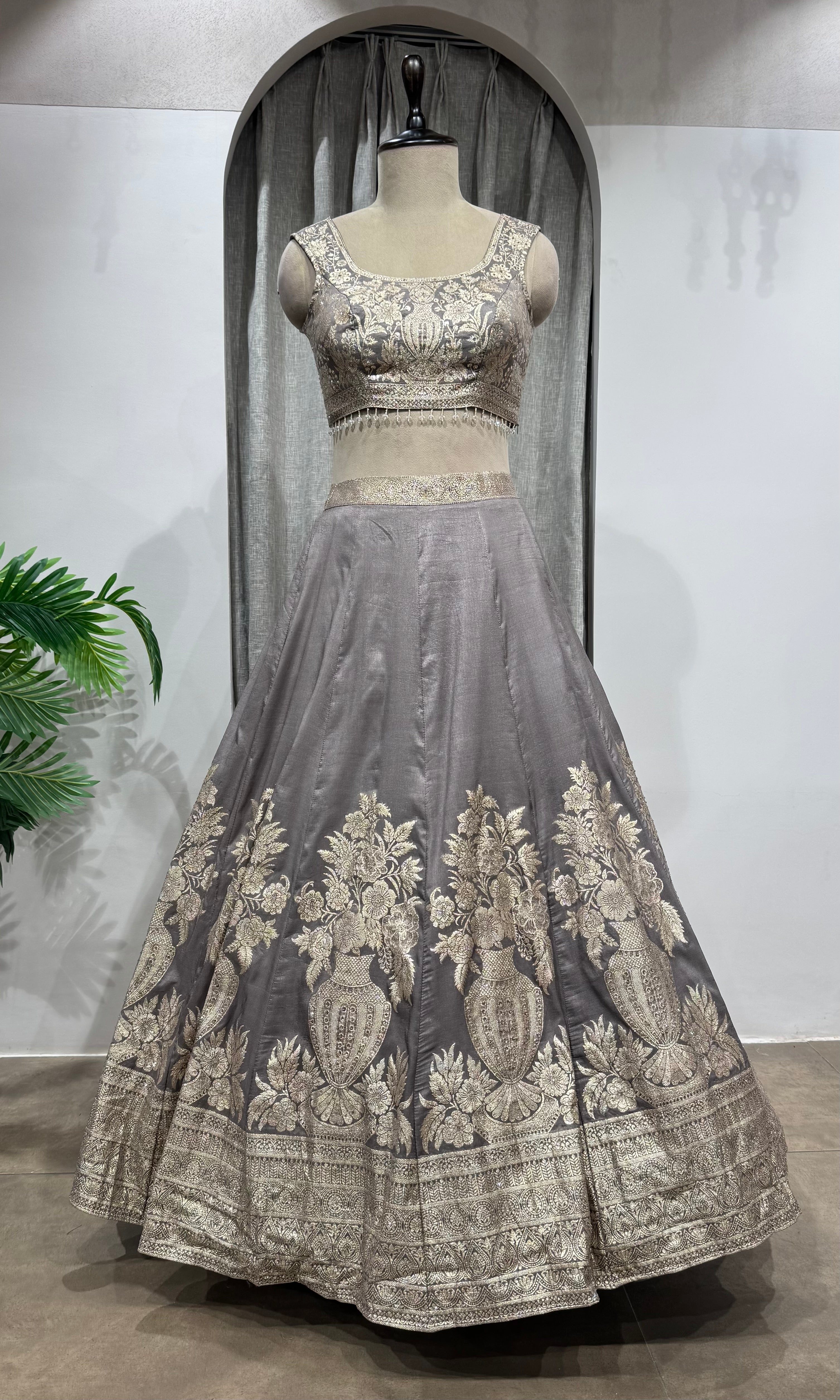 grey with gold embroidered lehenga choli