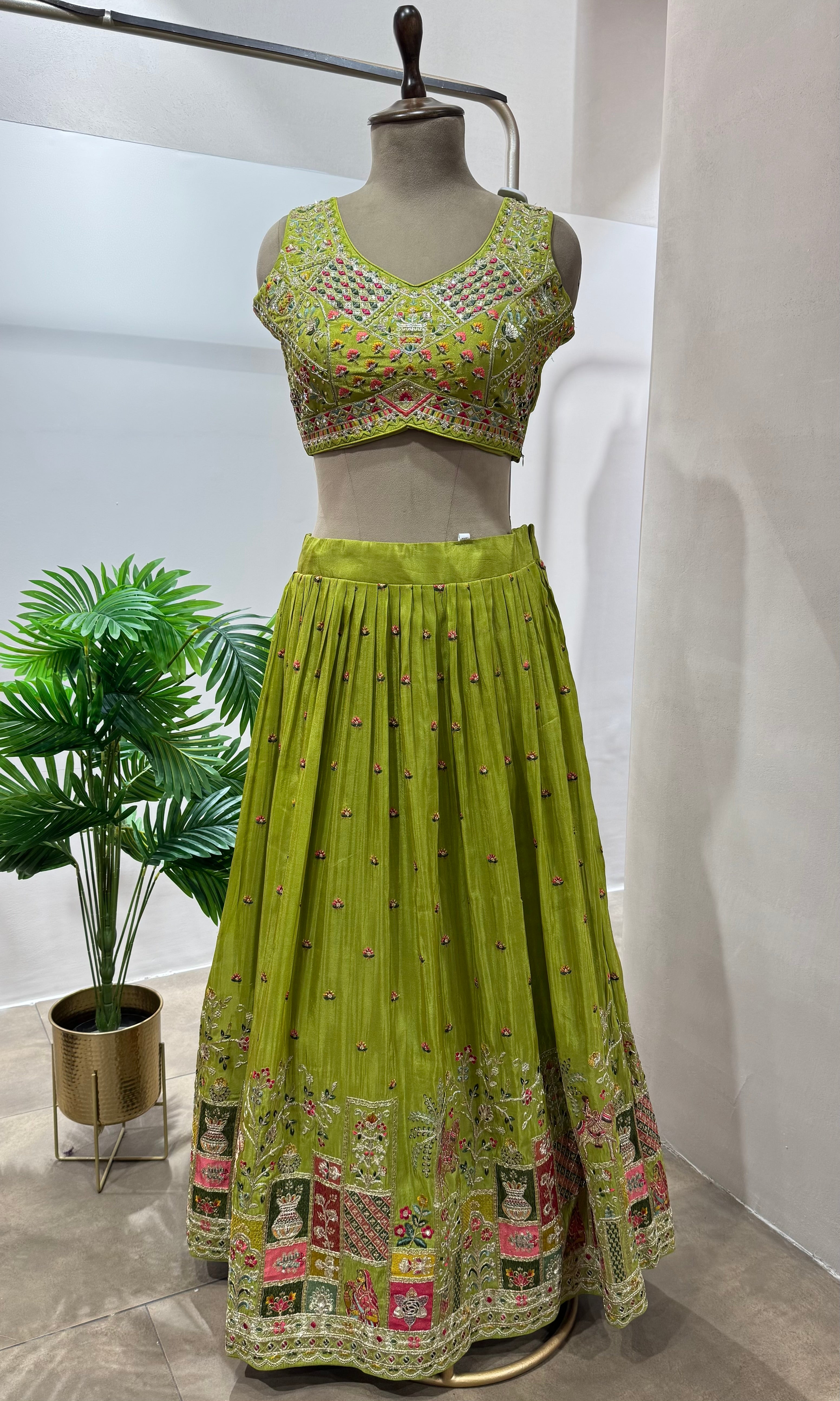 Green AND PINK INTRICATE EMBROIDERY lehenga