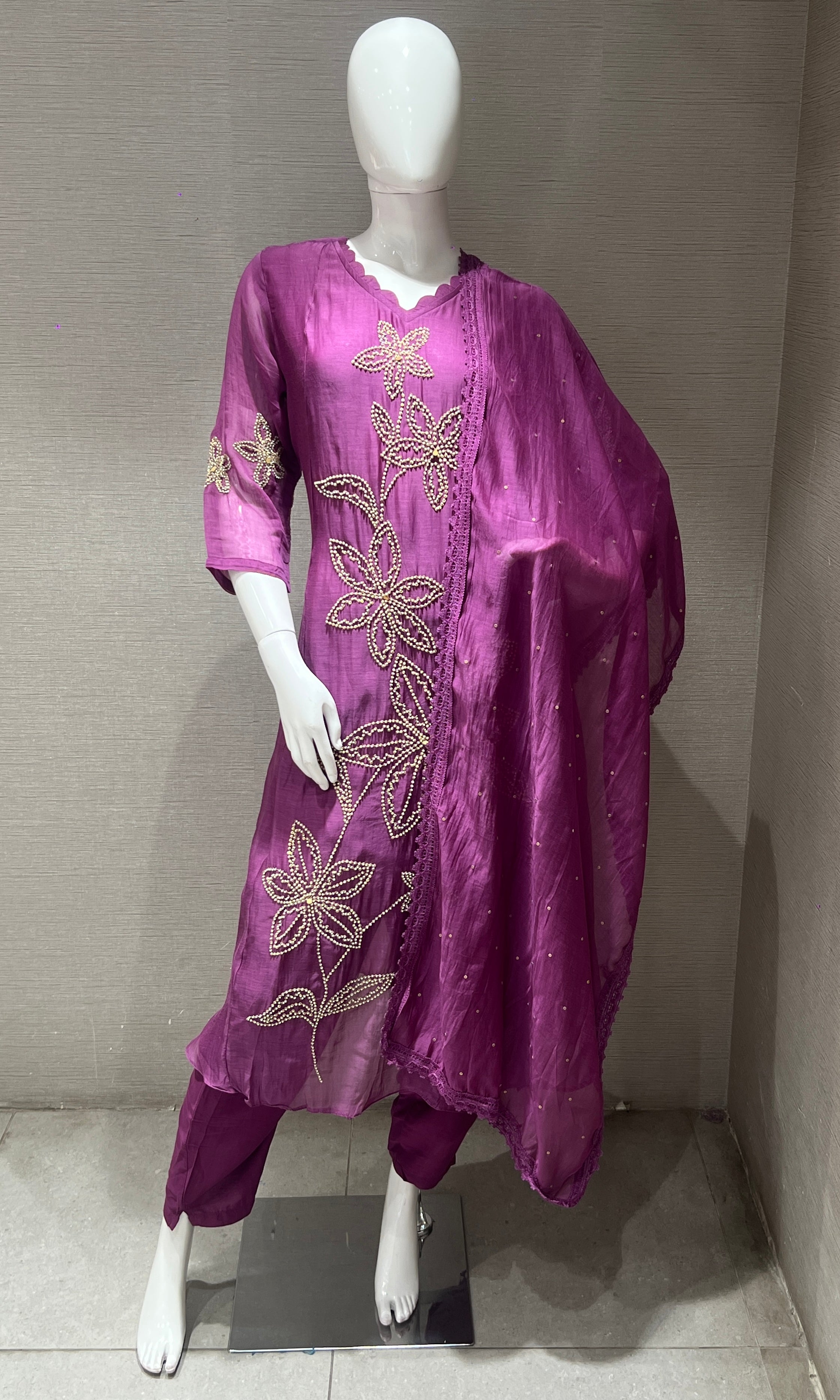 Purple Floral Embroidered kurta set