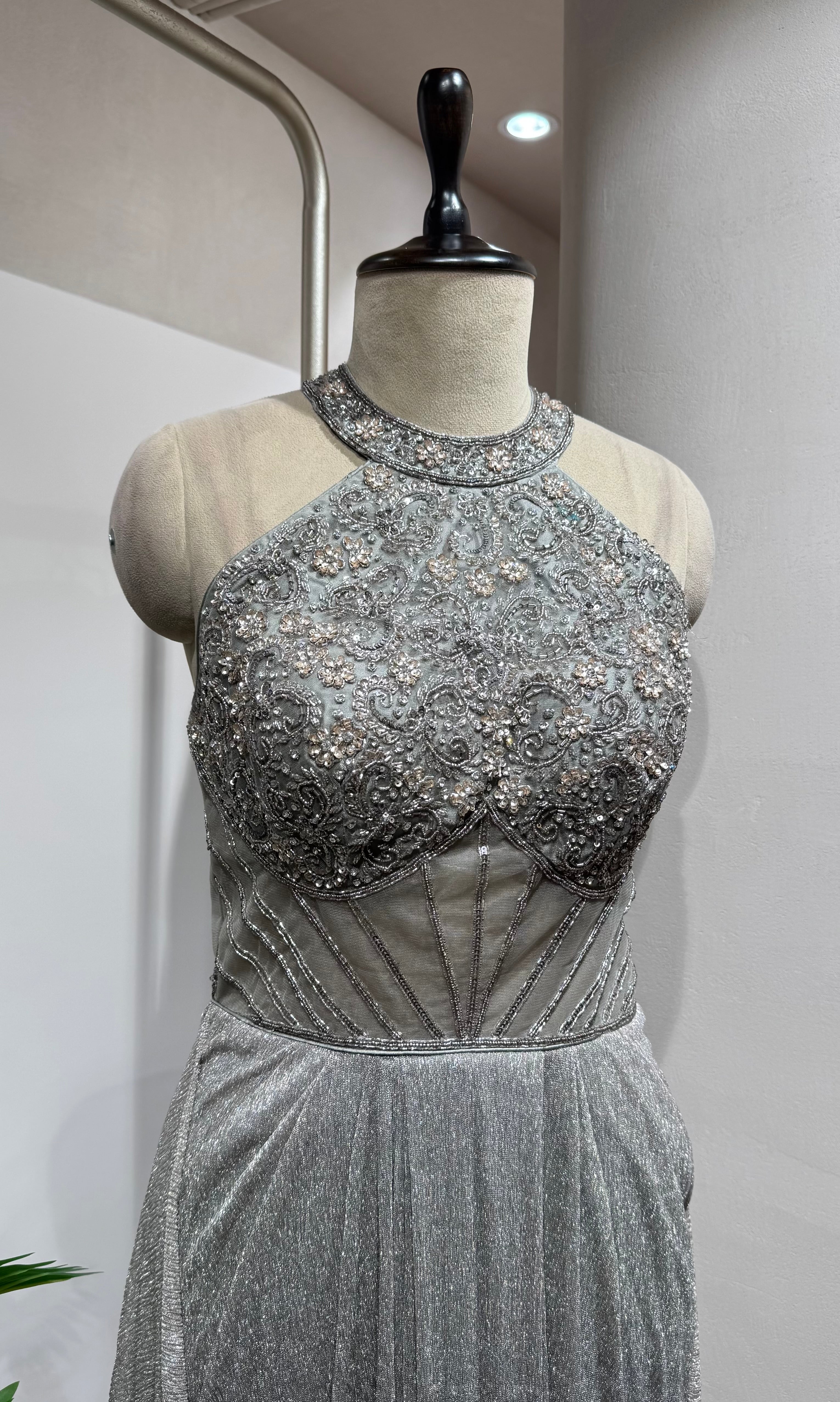 Grey Metallic Shimmer Halter Gown