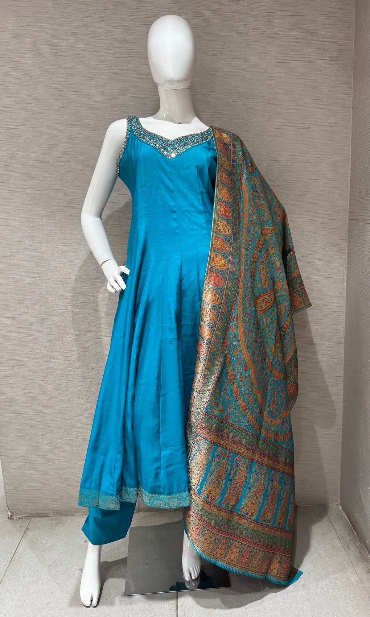 Rama Blue Anarkali with Contrast Dupatta