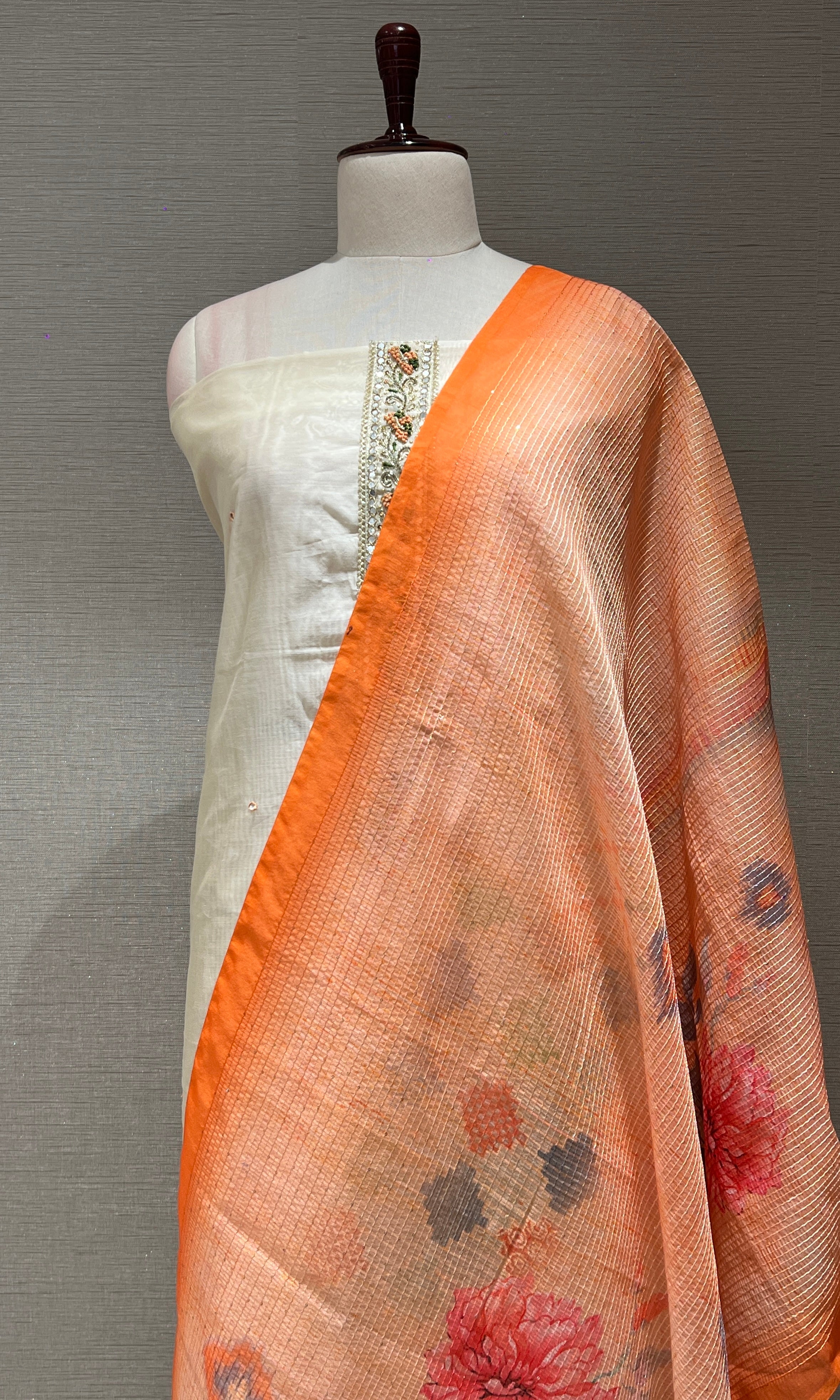 OFF WHITE dress material WITH FLORAL DUPATTA