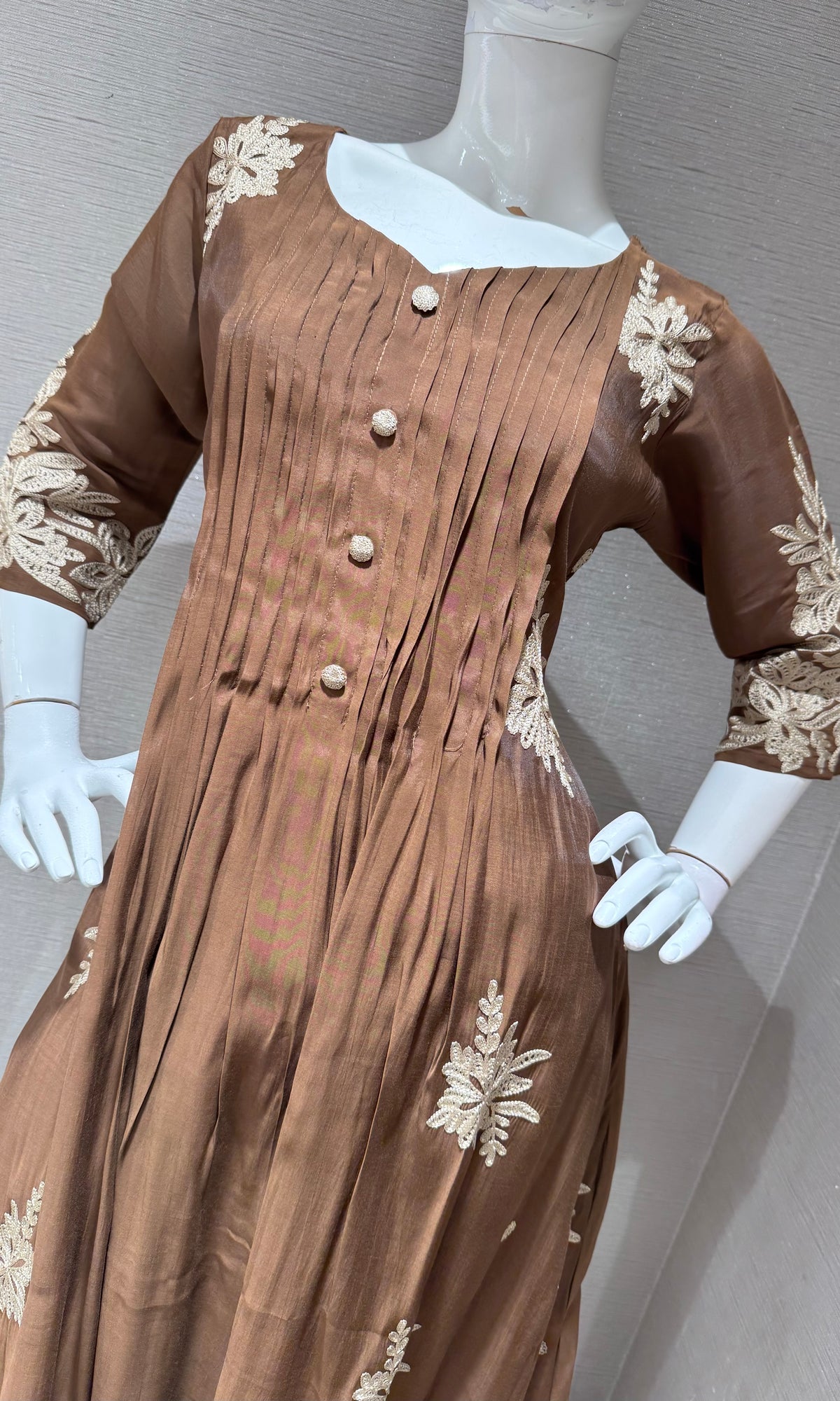 Brown Floral Mul Chenderi Kurta set with Dupatta