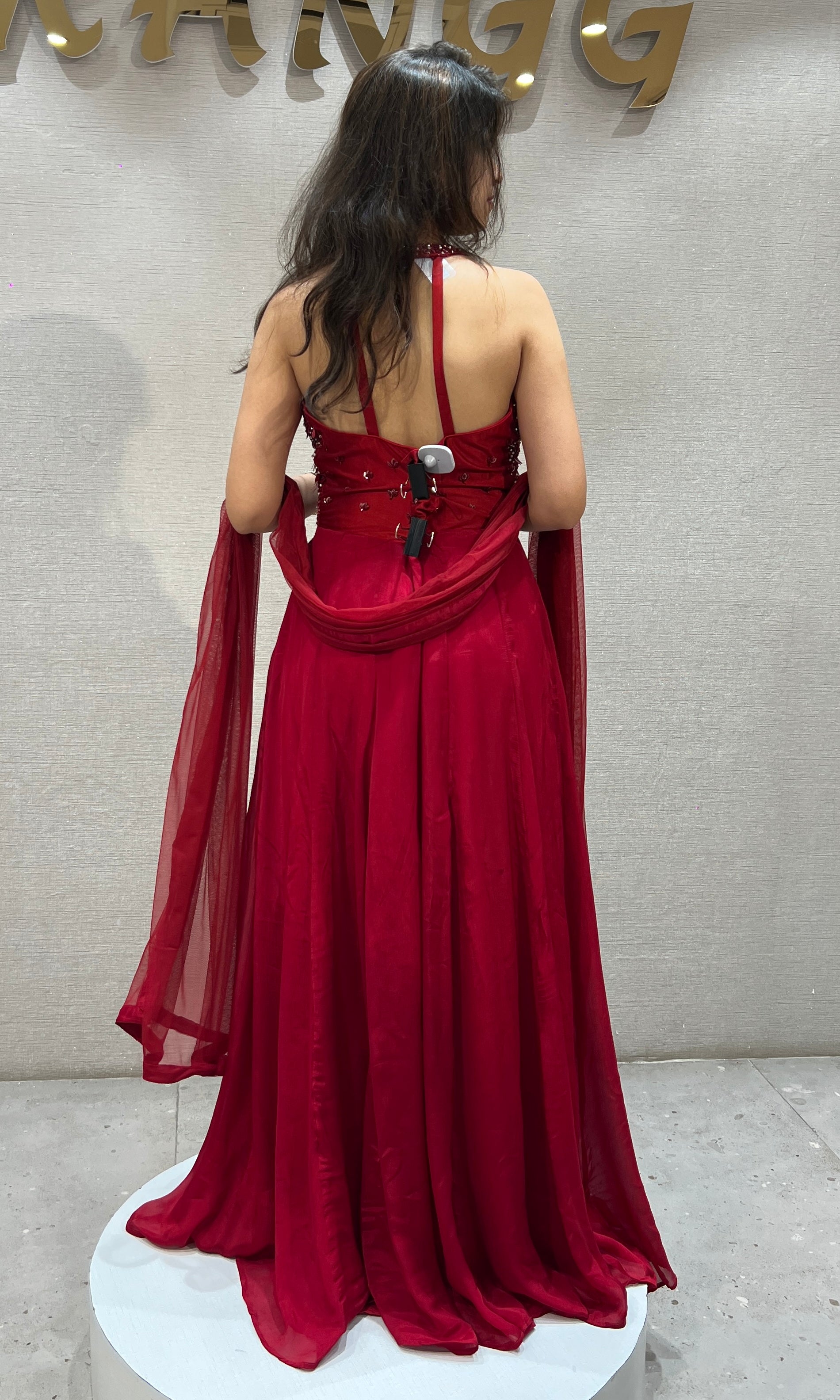 Red Halter Embellished Anarkali Frock
