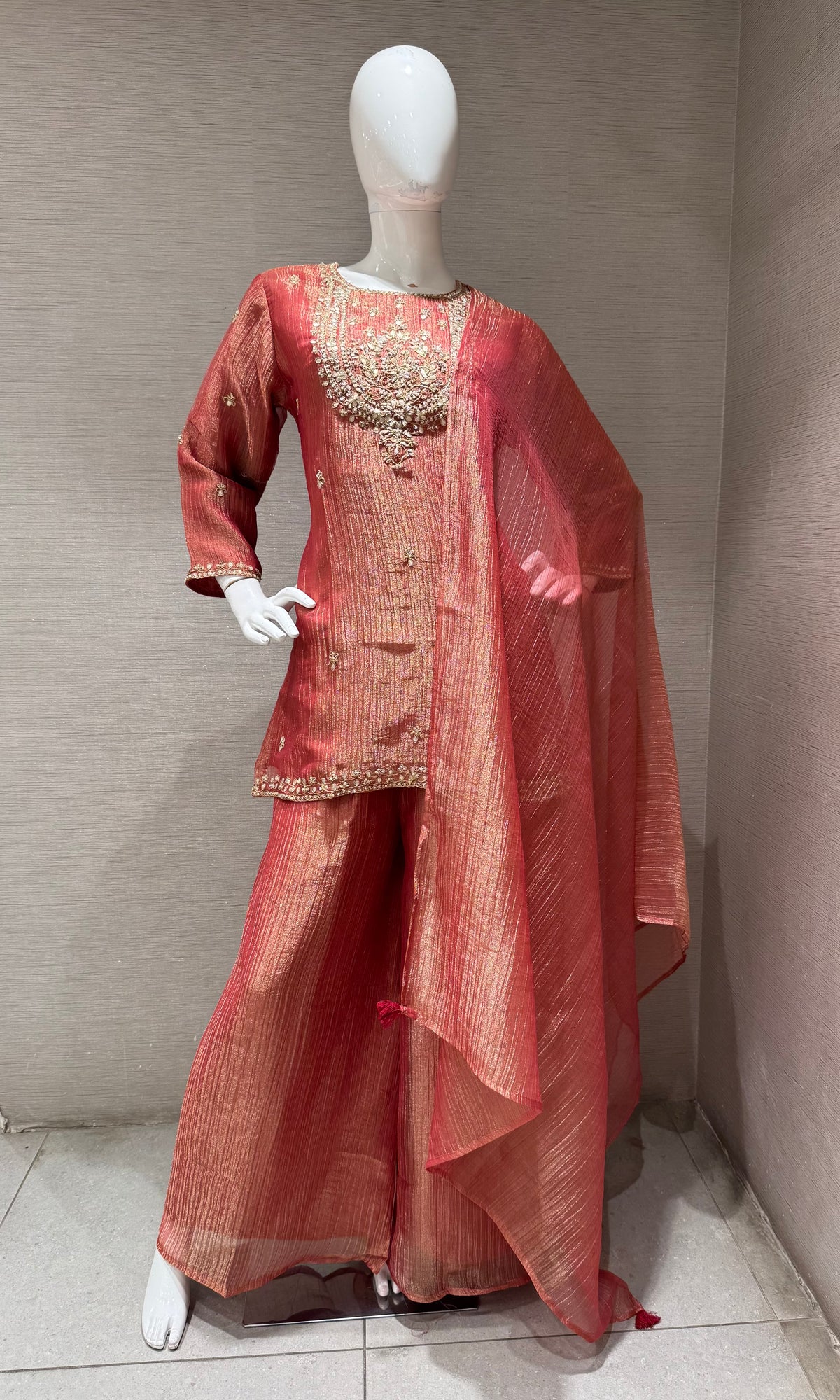 RUST TISSUE SILK EMBROIDERED SHARARA SET WITH DUPATTA