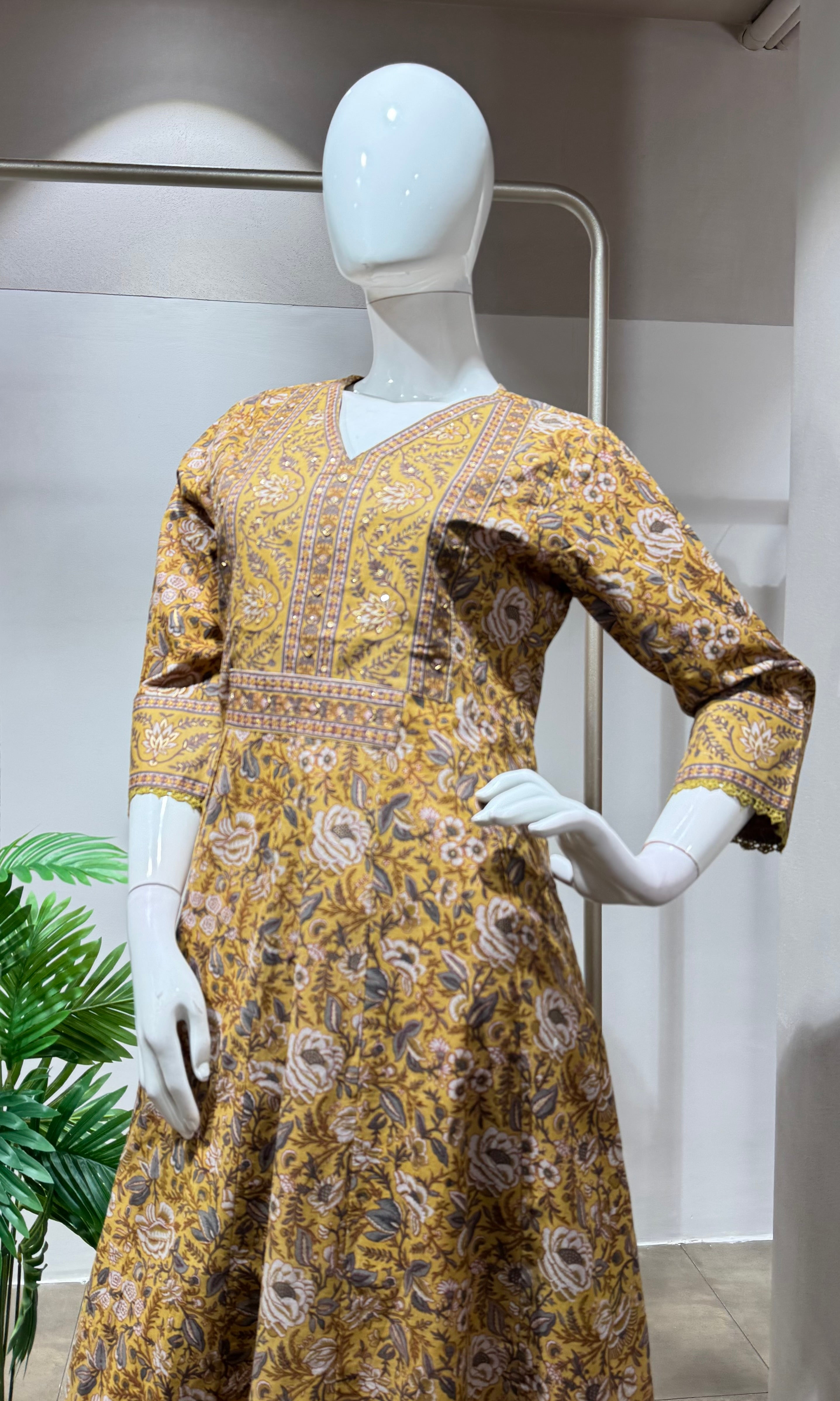 Mustard yellow jaipuri style cotton kurta set