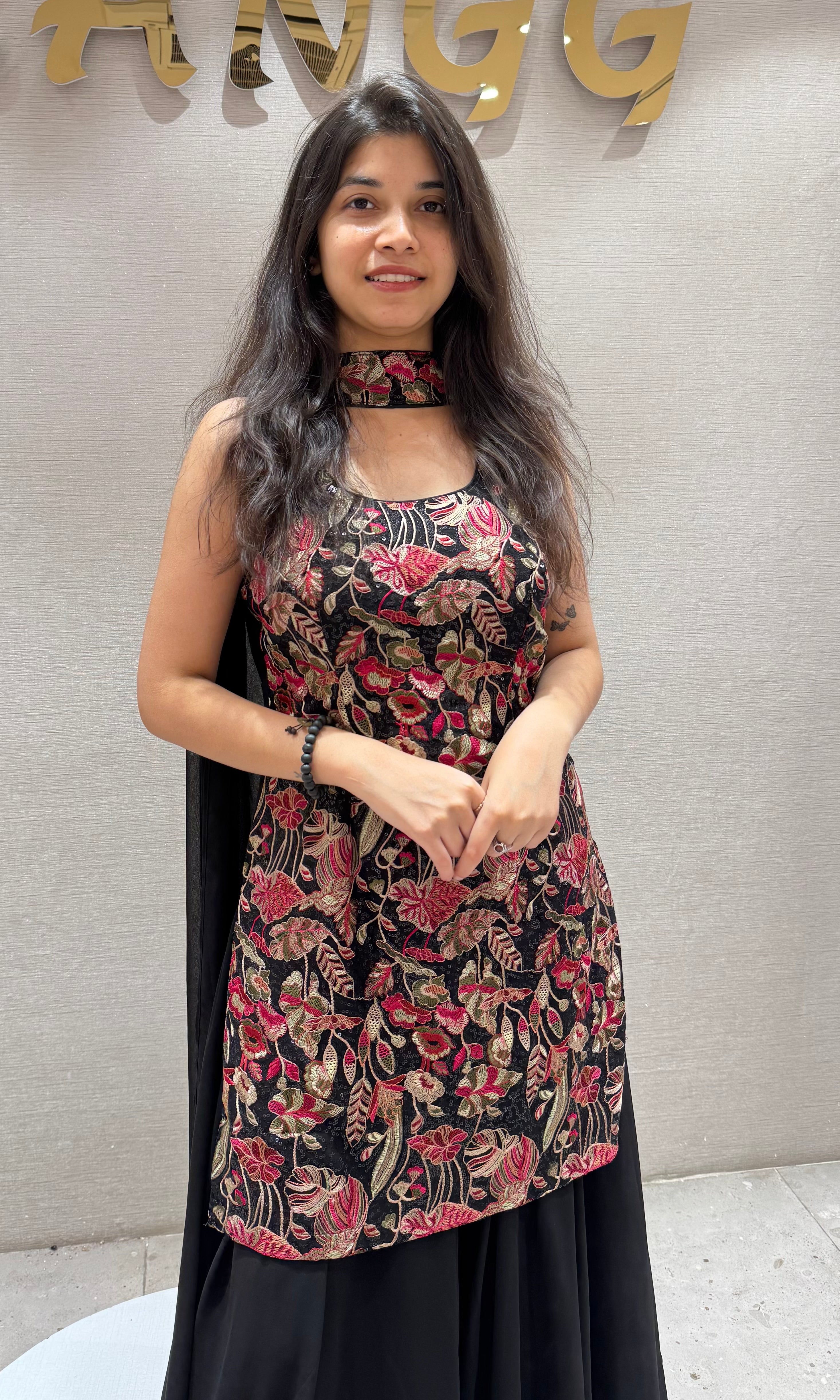 Black FLORAL EMBROIDERED SHARARA SET