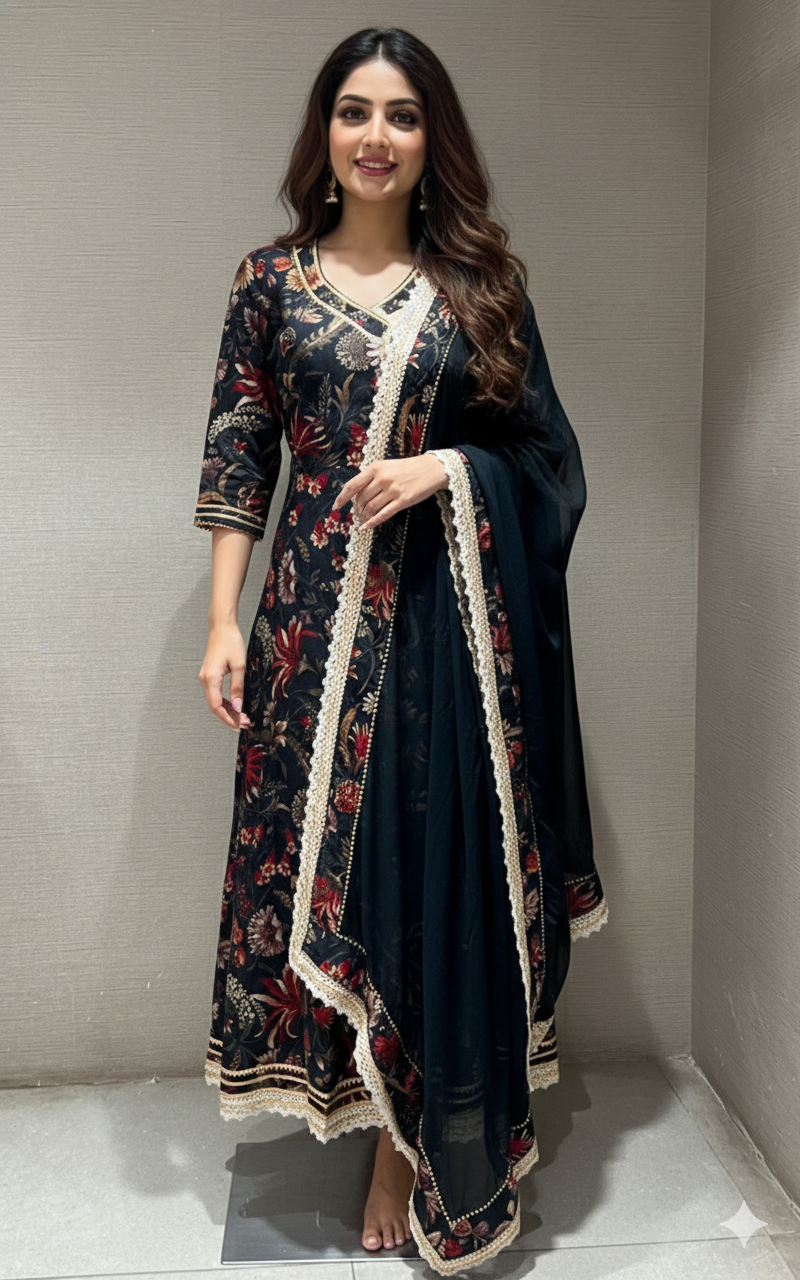 Black A LINE FLORAL kurta set