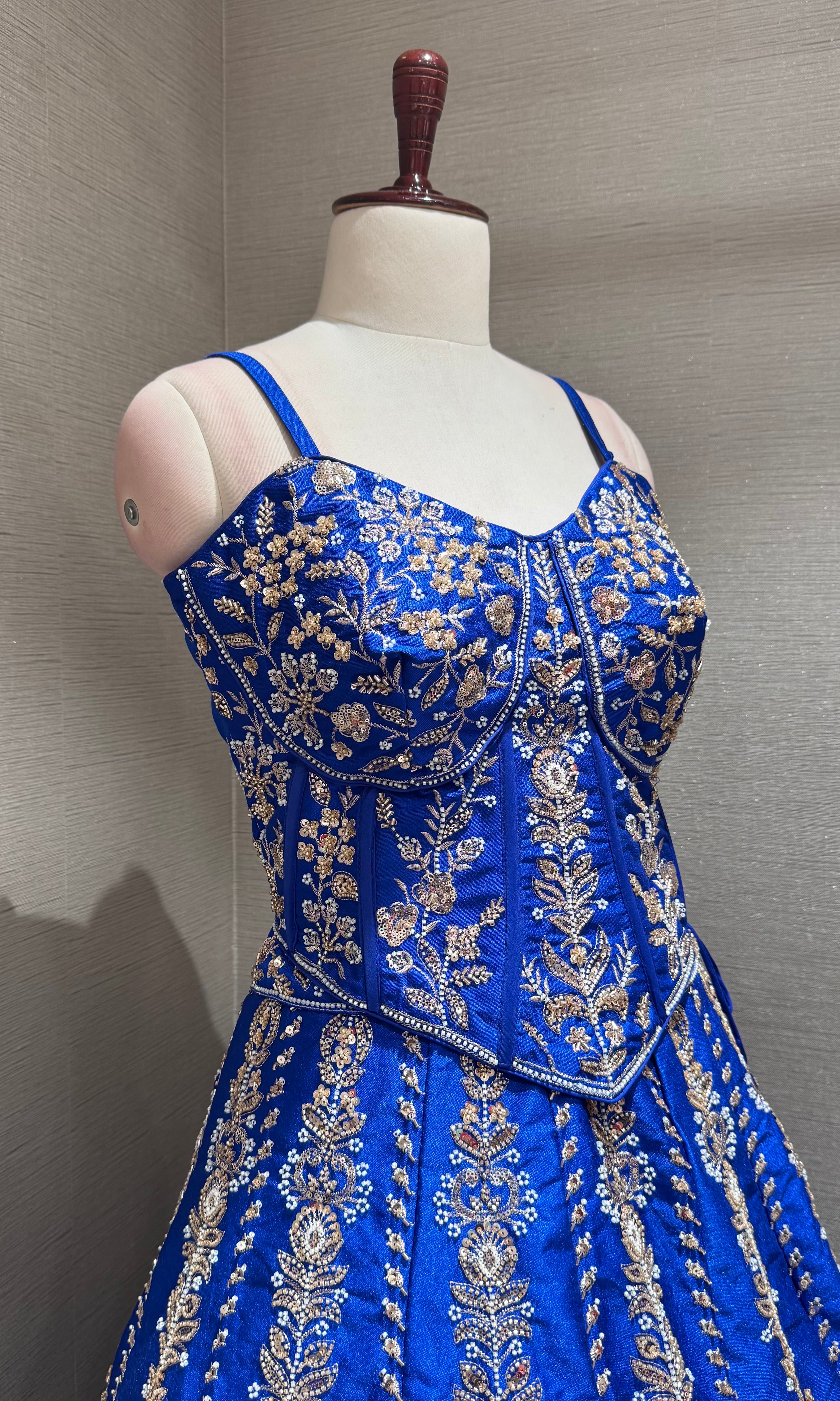 Royal blue embroidered peplum crop top lehenga
