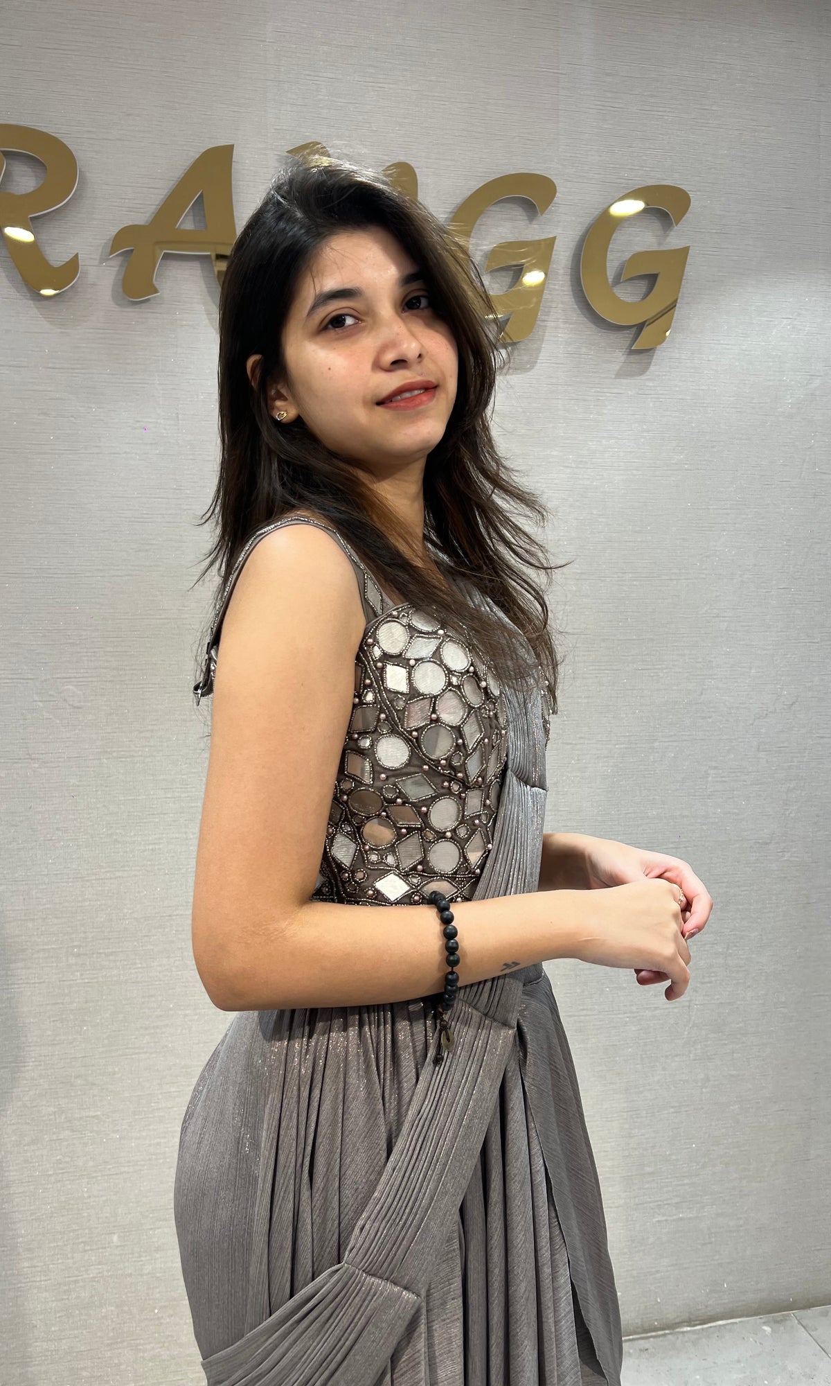 Metallic Grey Embellished Saree with corset blouse
