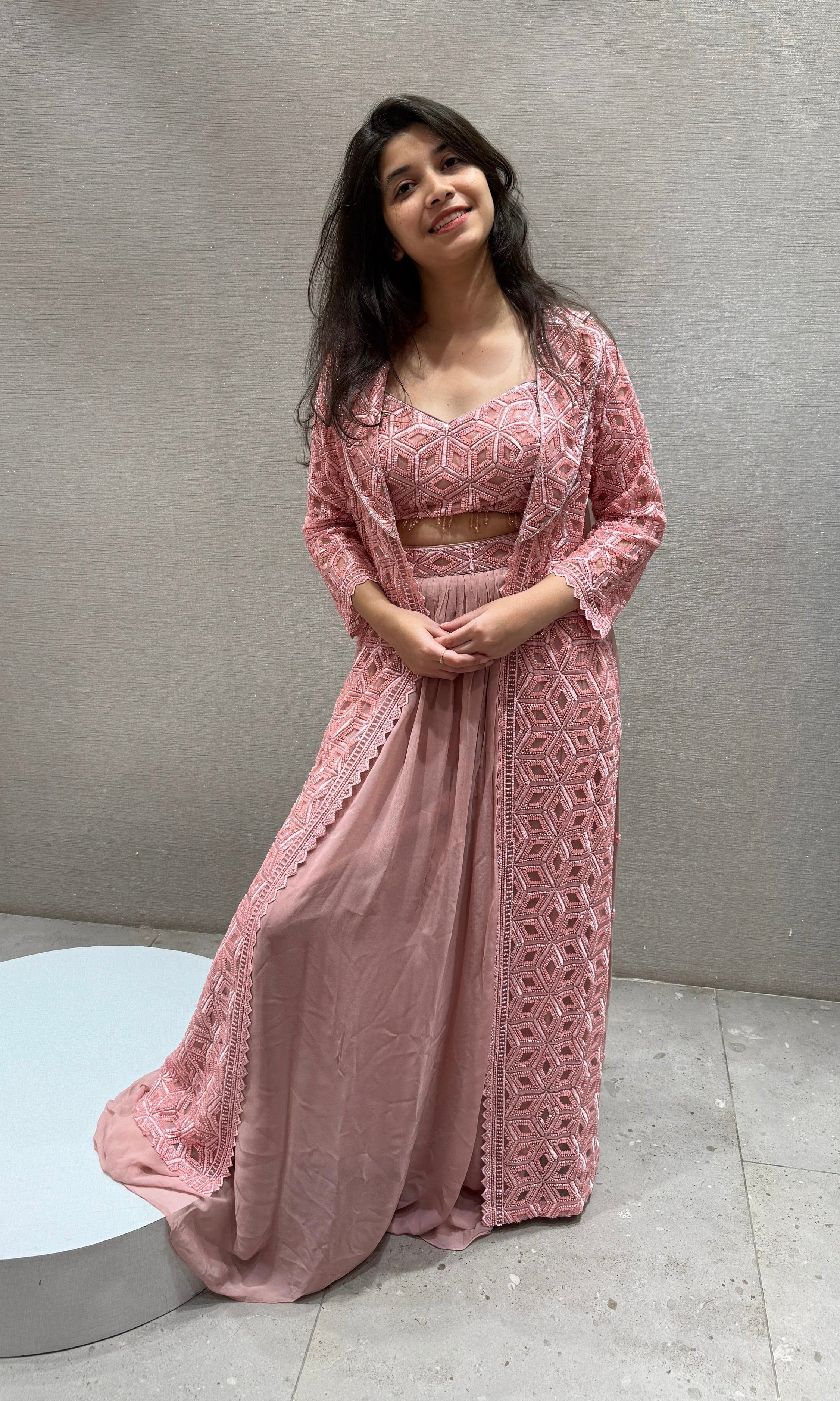 Blush Pink Garden lehenga with Long Jacket